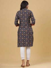Women'S Navy Printed Straight Knee Length Kurta