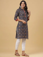 Women'S Navy Printed Straight Knee Length Kurta