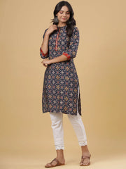 Women'S Navy Printed Straight Knee Length Kurta