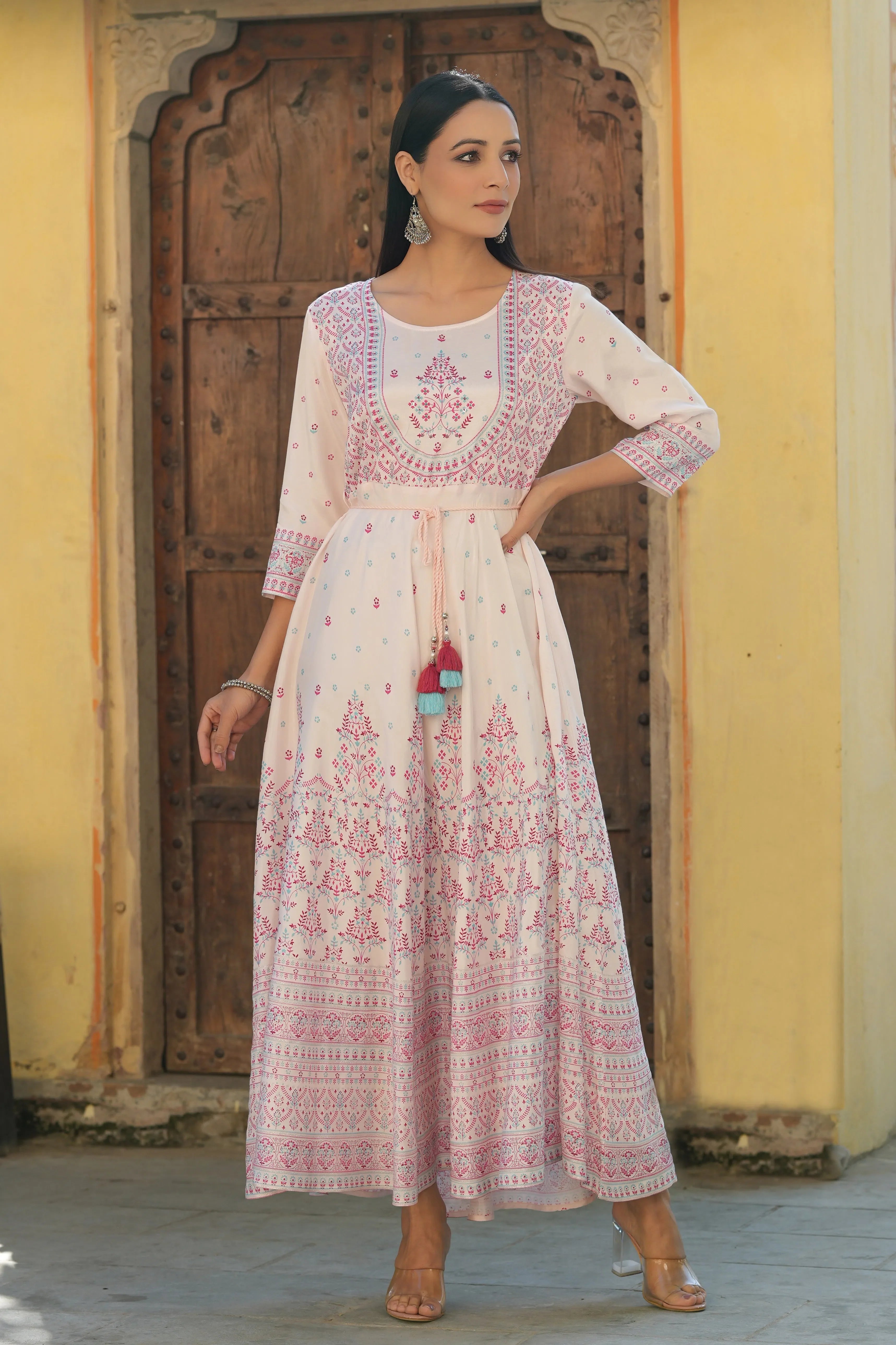 Pink Printed Flared Dress - Women's Western Wear Outfits