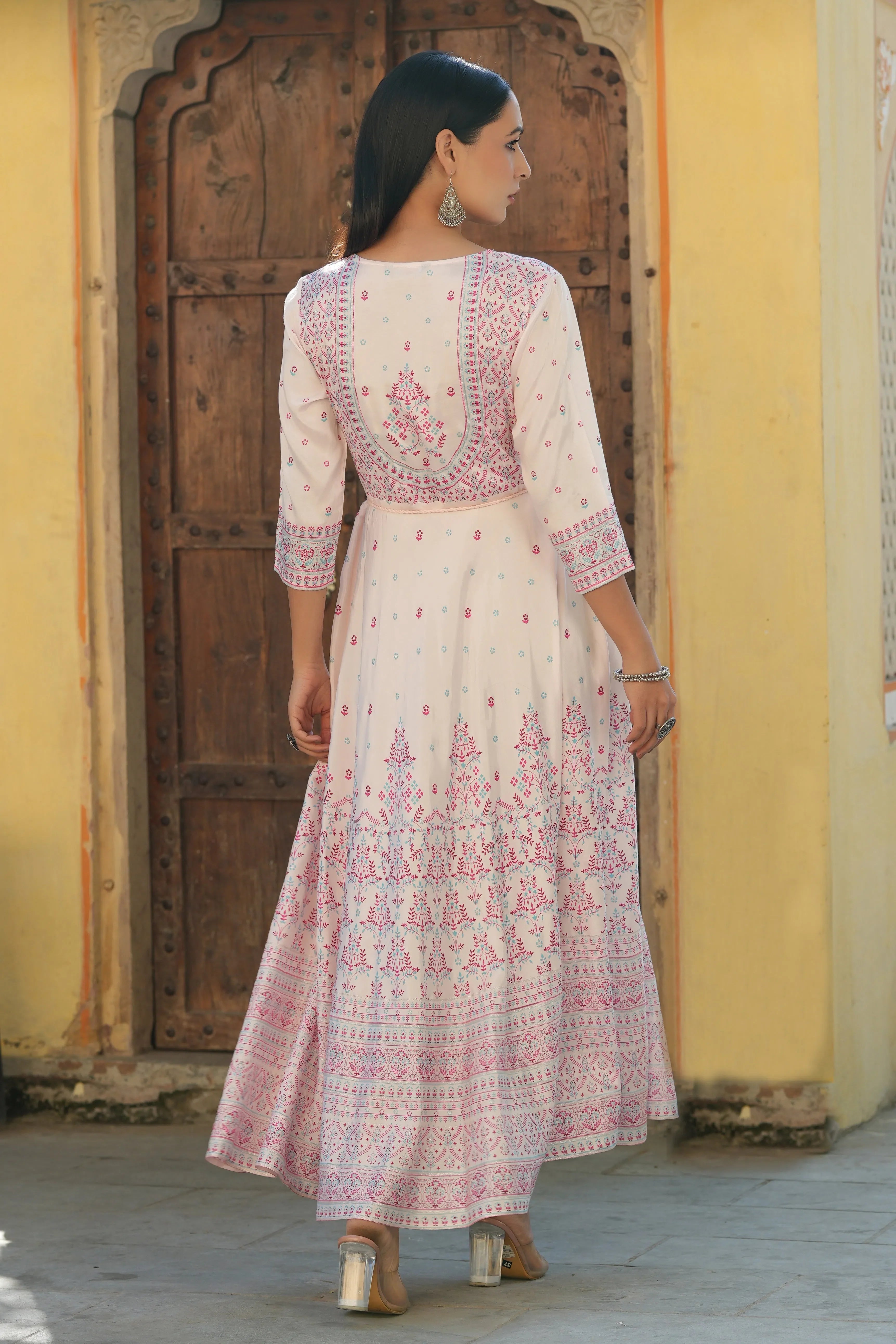 Pink Printed Flared Dress - Women's Western Wear Outfits