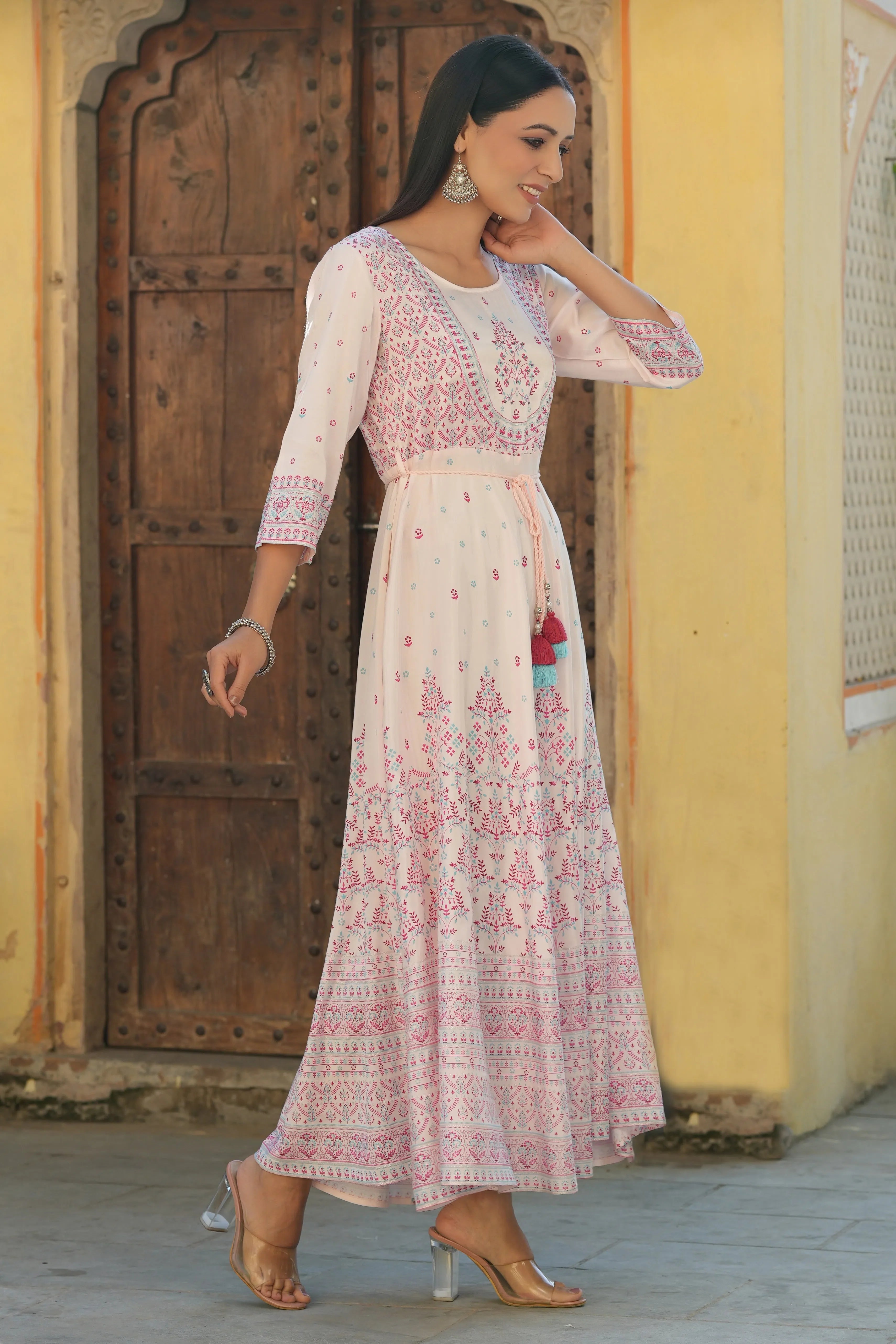 Pink Printed Flared Dress - Women's Western Wear Outfits