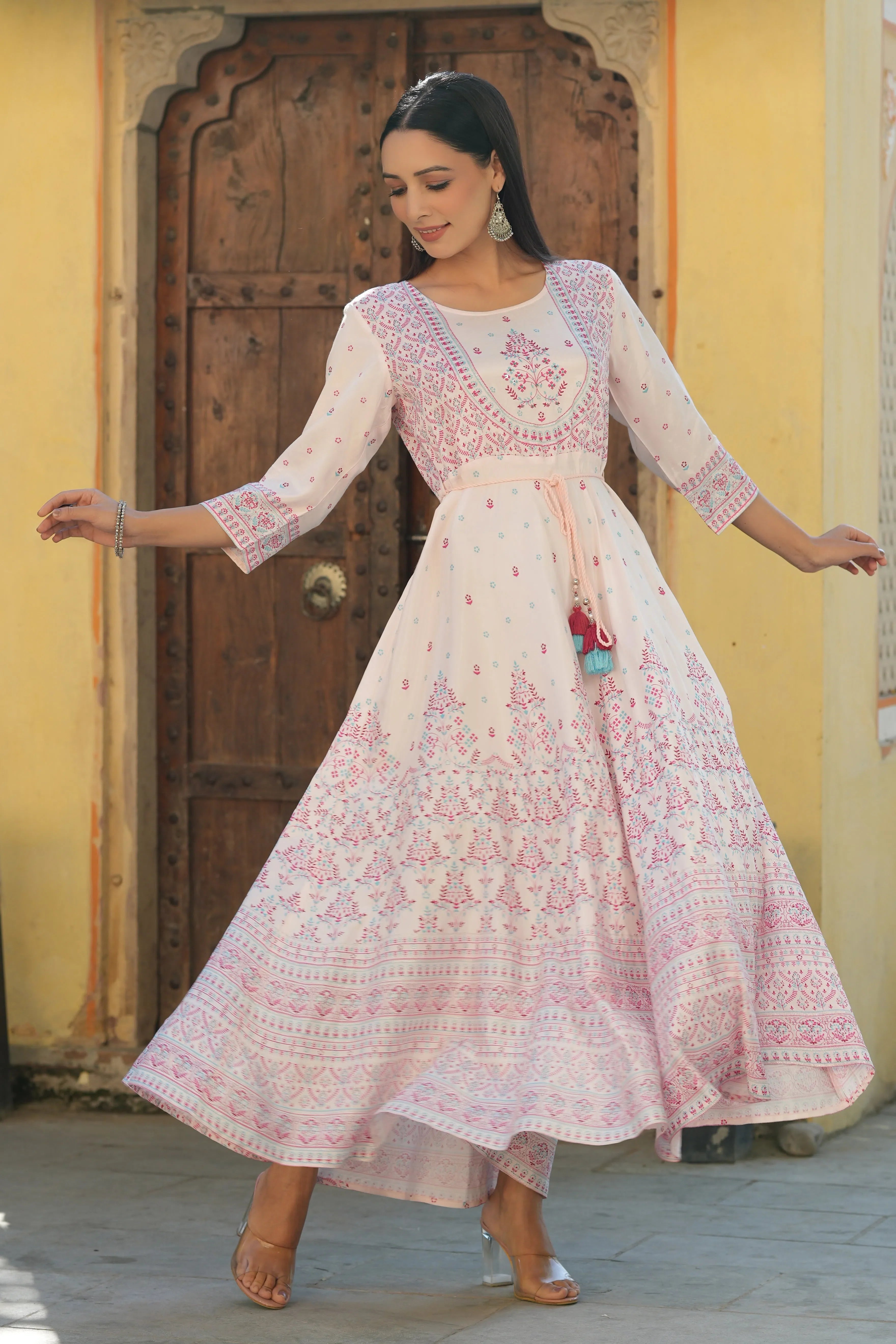 Pink Printed Flared Dress - Women's Western Wear Outfits Pink Printed Flared Dress - Women's Western Wear Outfits