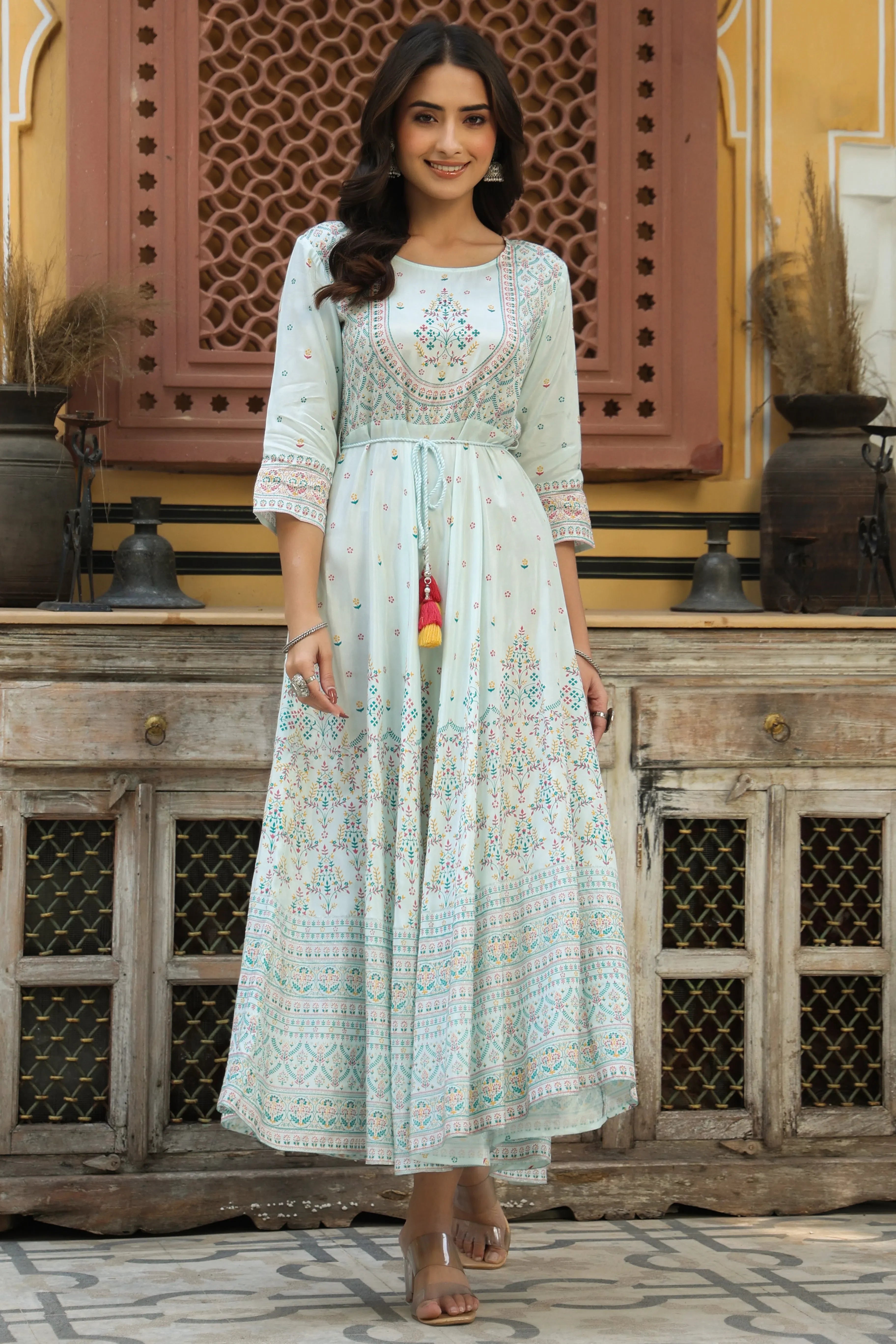 Skyblue Printed Flared Dress | Indian Dresses Online