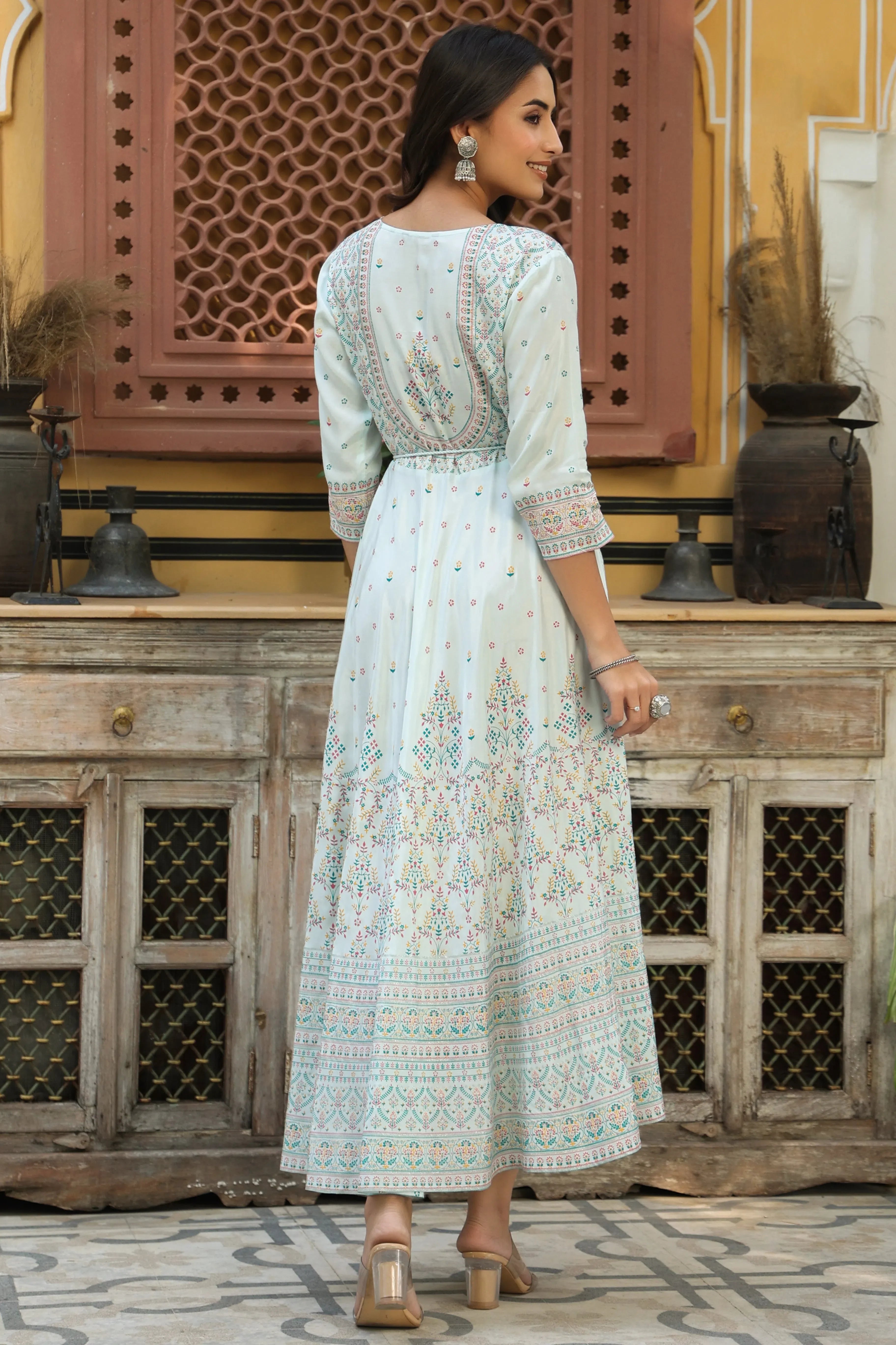 Skyblue Printed Flared Dress | Indian Dresses Online