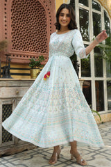 Women's Skyblue Viscose Shantoon Festive Printed Flared Dress