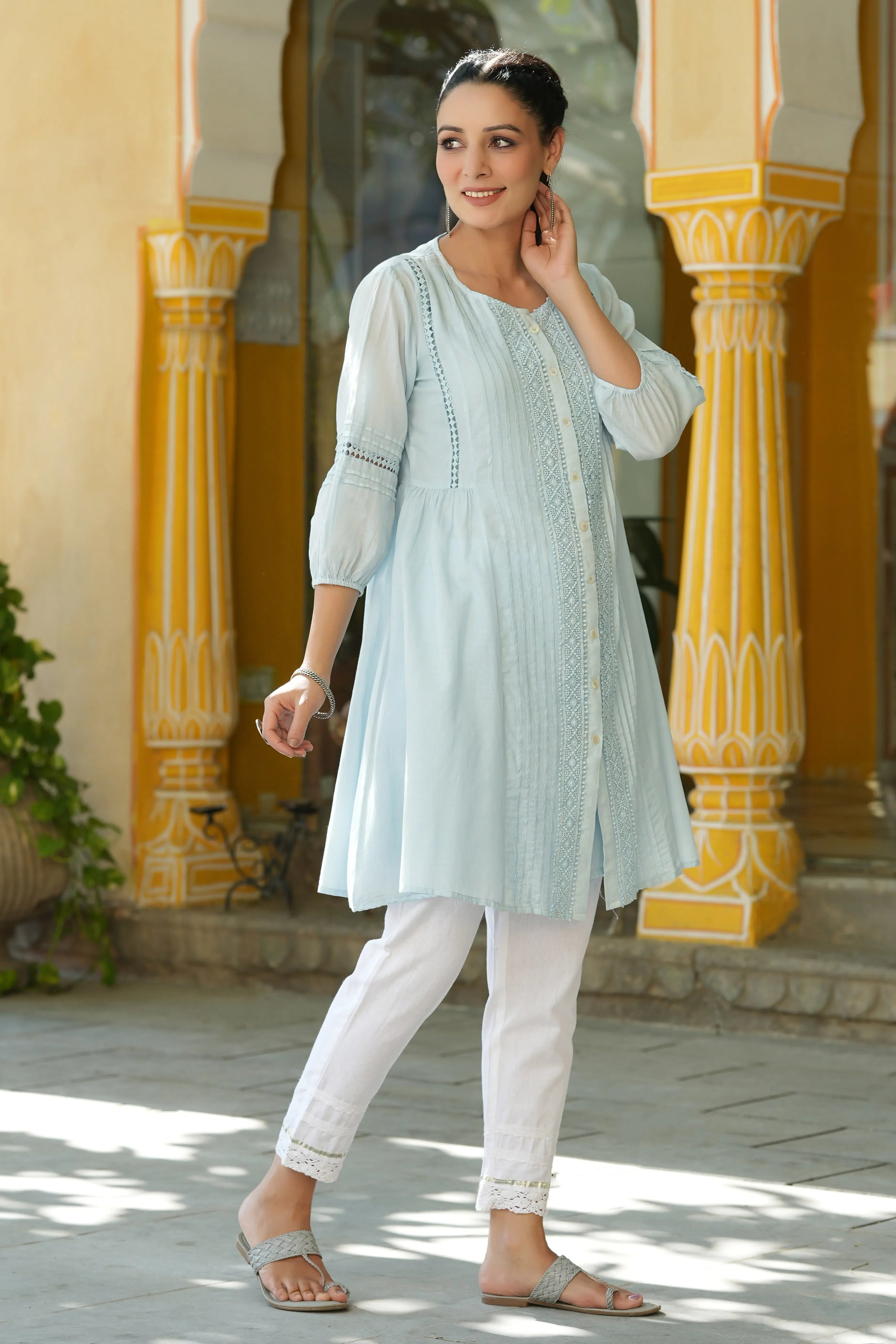 Sky Blue Cotton Silk Kurta | Modern Indian Kurta for Women