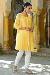 Women's Yellow Cotton Silk Solid A-Line Kurta