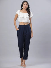 Women's Navy Rayon Solid Stright Slim Pant