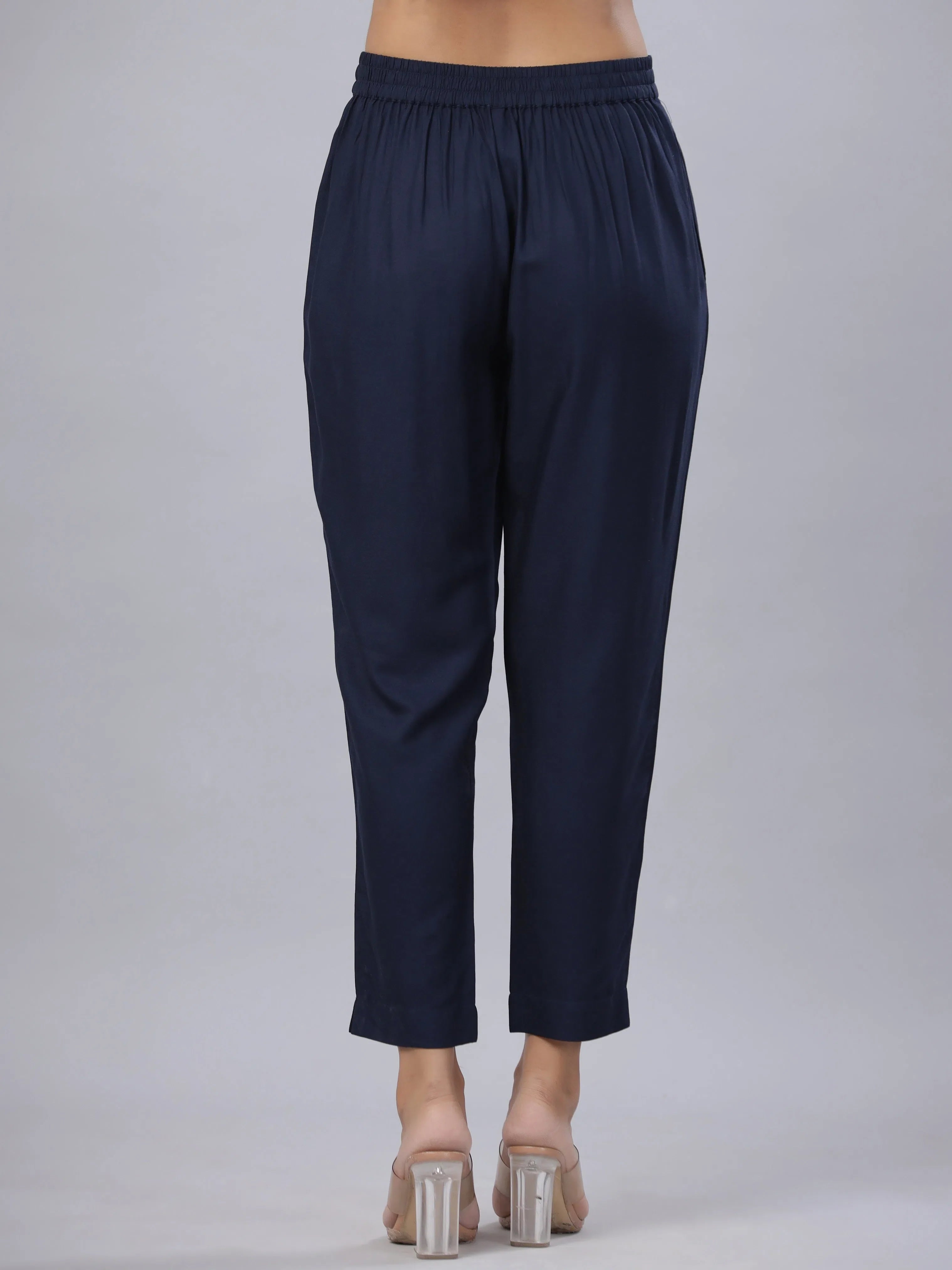 Navy Rayon Women's Pants: Solid Straight Slim Leg Style