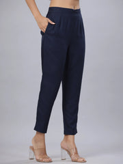 Women's Navy Rayon Solid Stright Slim Pant