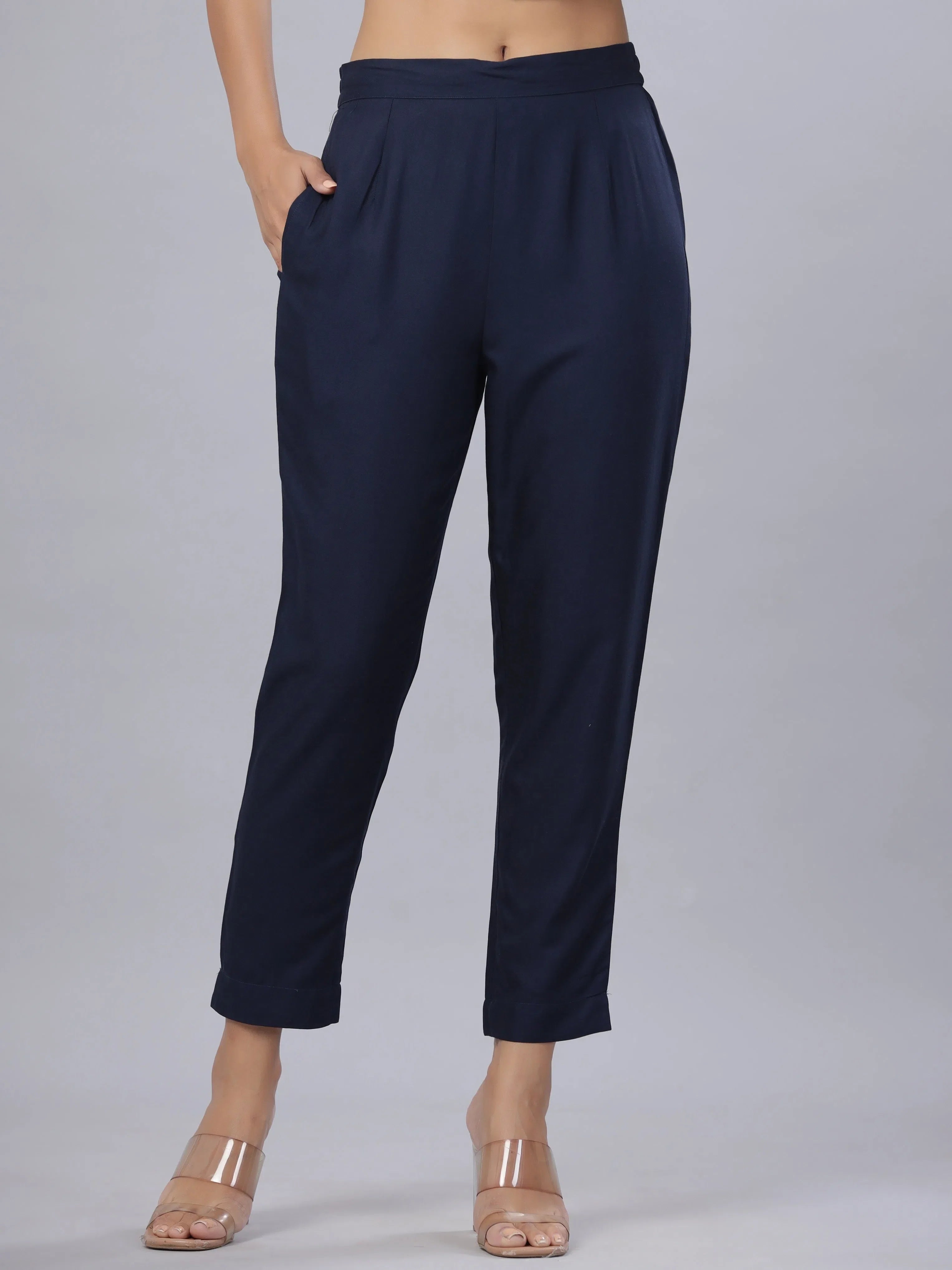 Navy Rayon Women's Pants: Solid Straight Slim Leg Style