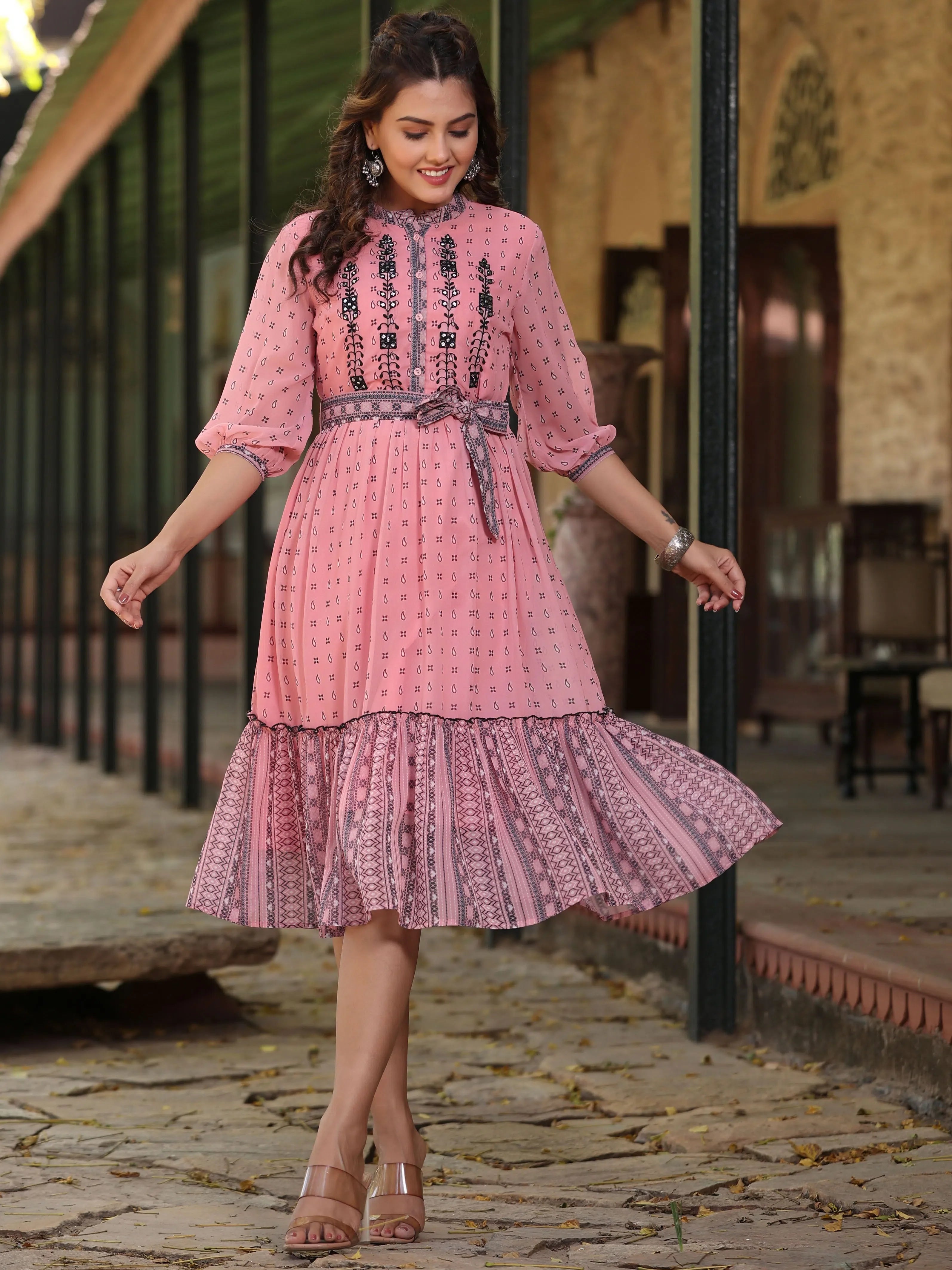 Pink Printed Flared Dress - Women's Western Outfits Online
