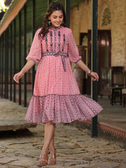 Women's Pink Georgette Printed Flared Dress