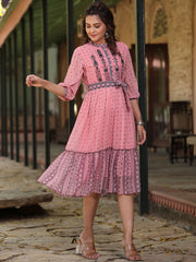 Women's Pink Georgette Printed Flared Dress
