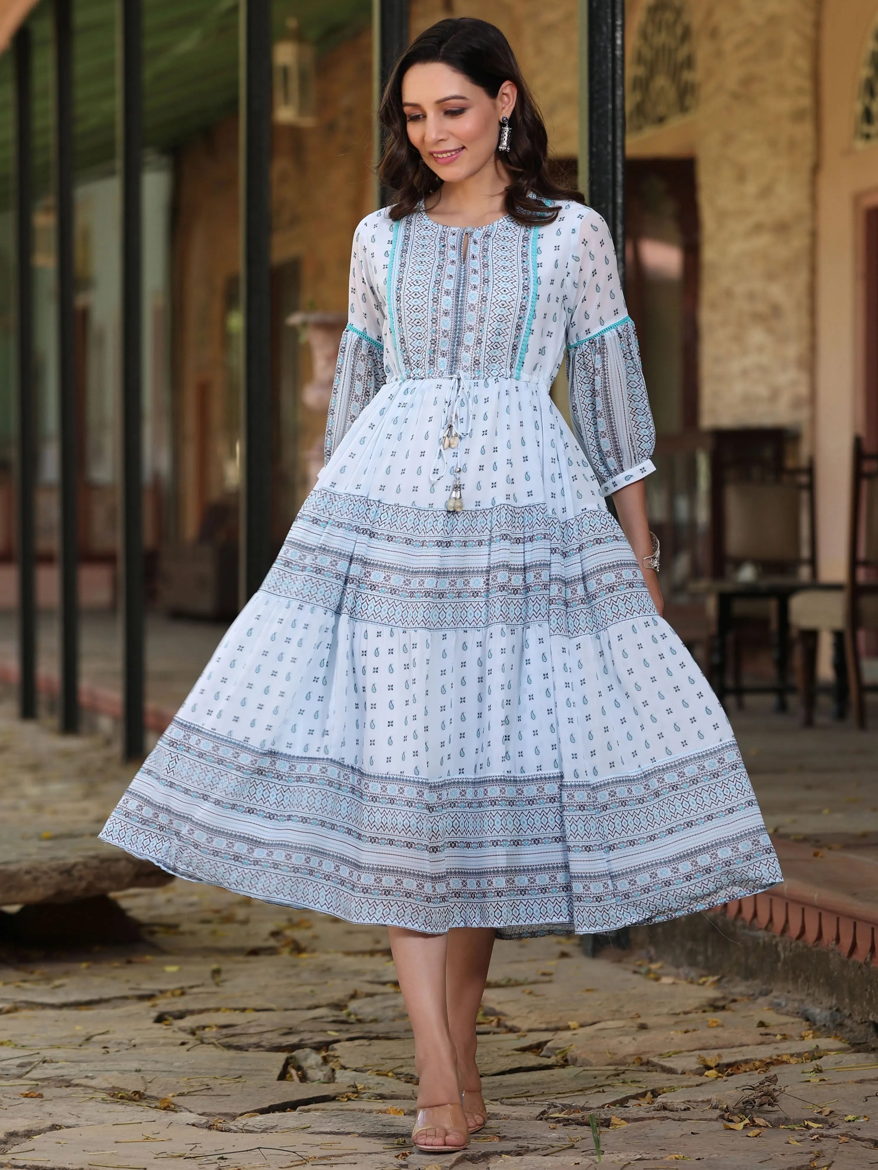 western flared dress for women Wandoria Women's Spring/Summer Western Bohemian Style Casual Shirred Waist Cinched Criss-Cross Twisted Back Dropped Shoulder Flared Sleeve Midi Dress