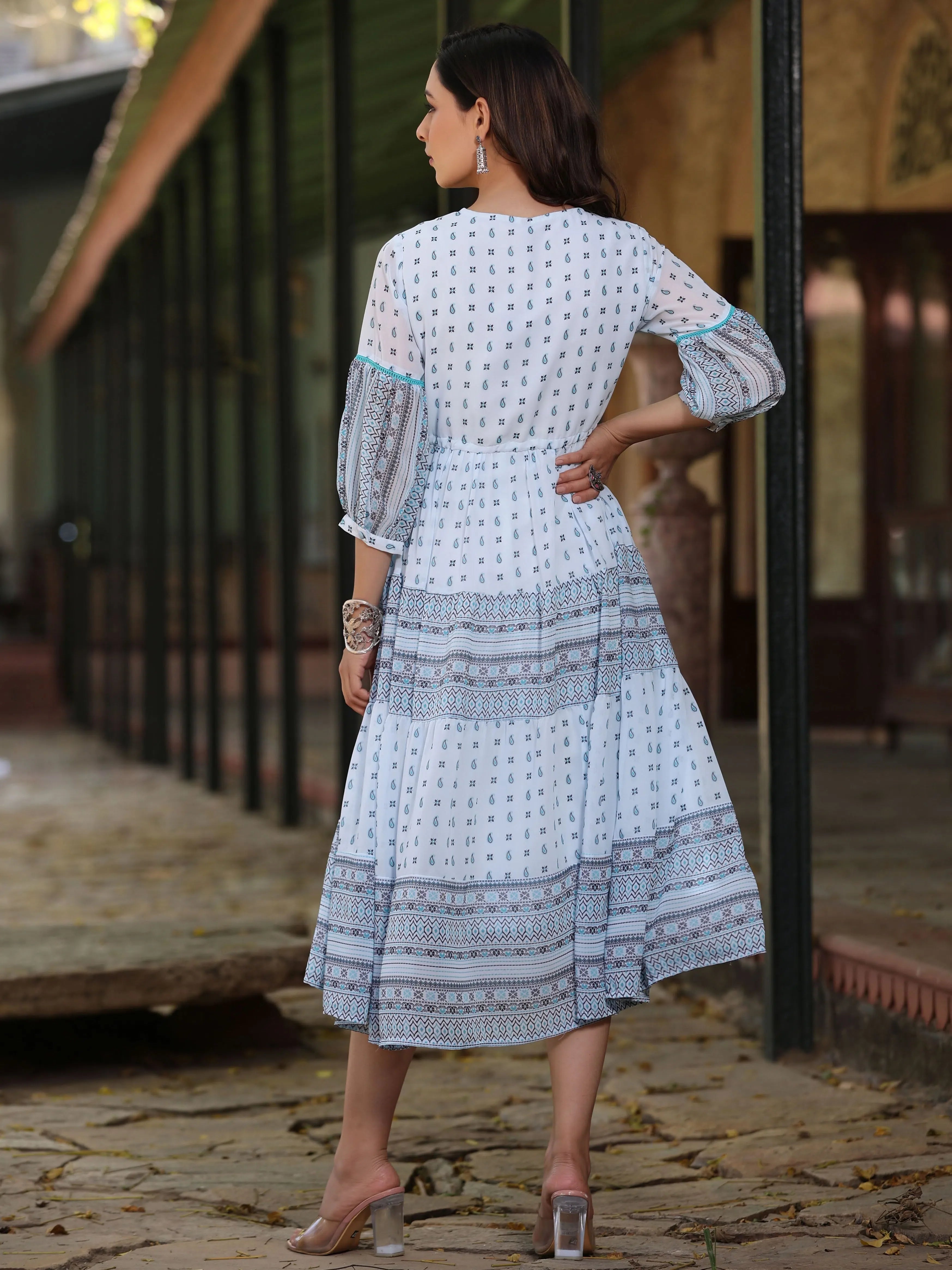 Sky Blue Georgette Printed Flared Dress | Western Clothing