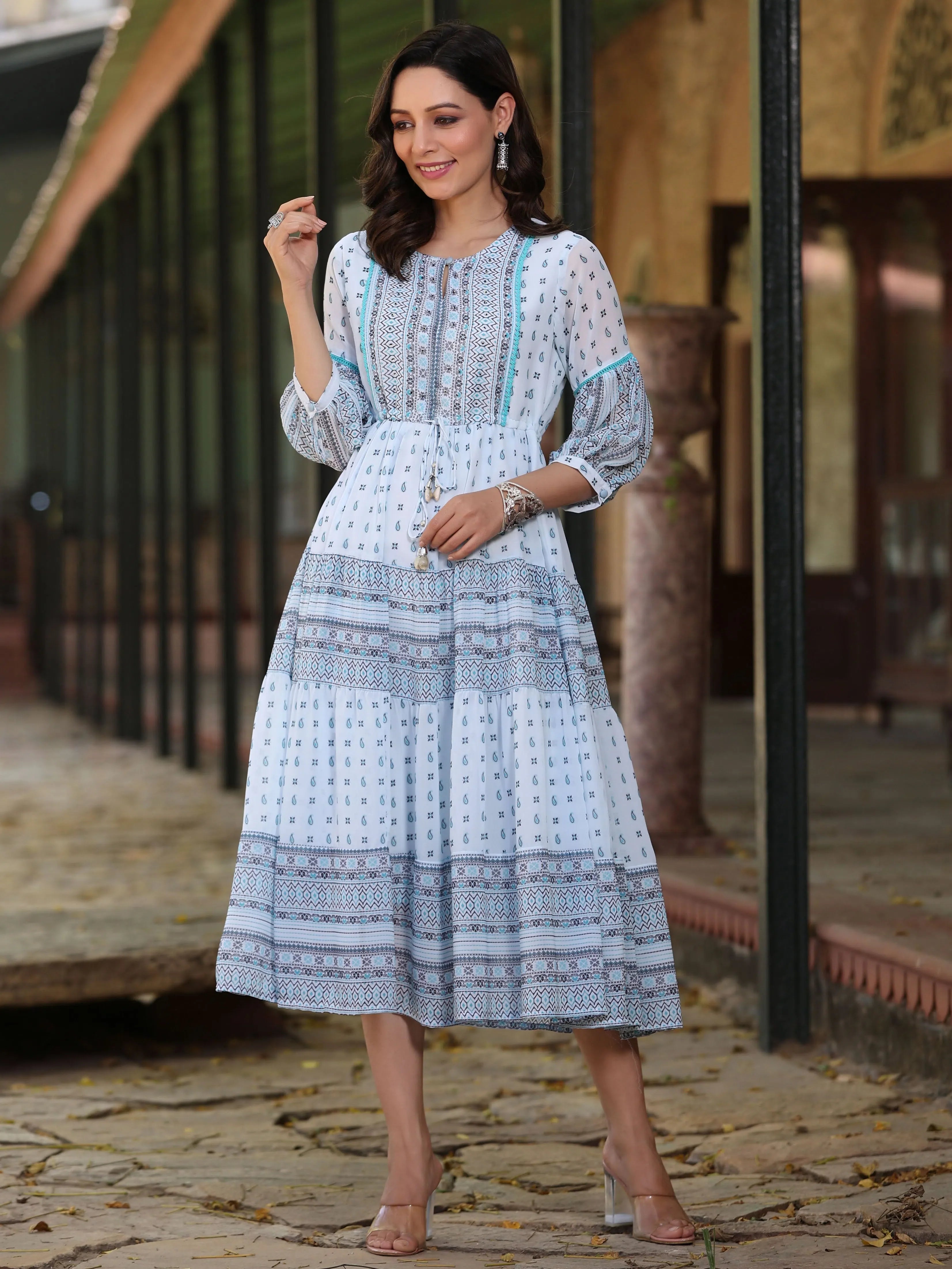 Sky Blue Georgette Printed Flared Dress | Western Clothing
