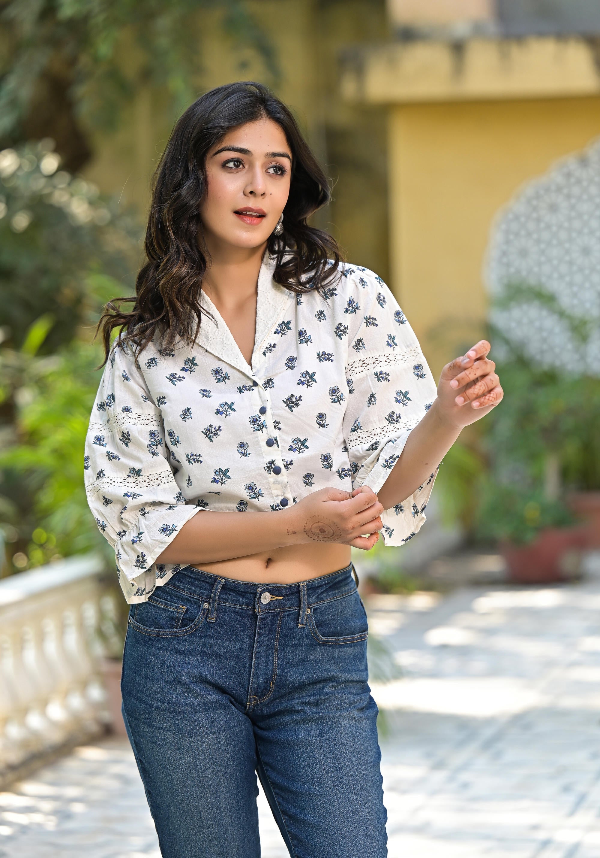 White Floral Printed Cotton Top With Button Closure | DesiQlo