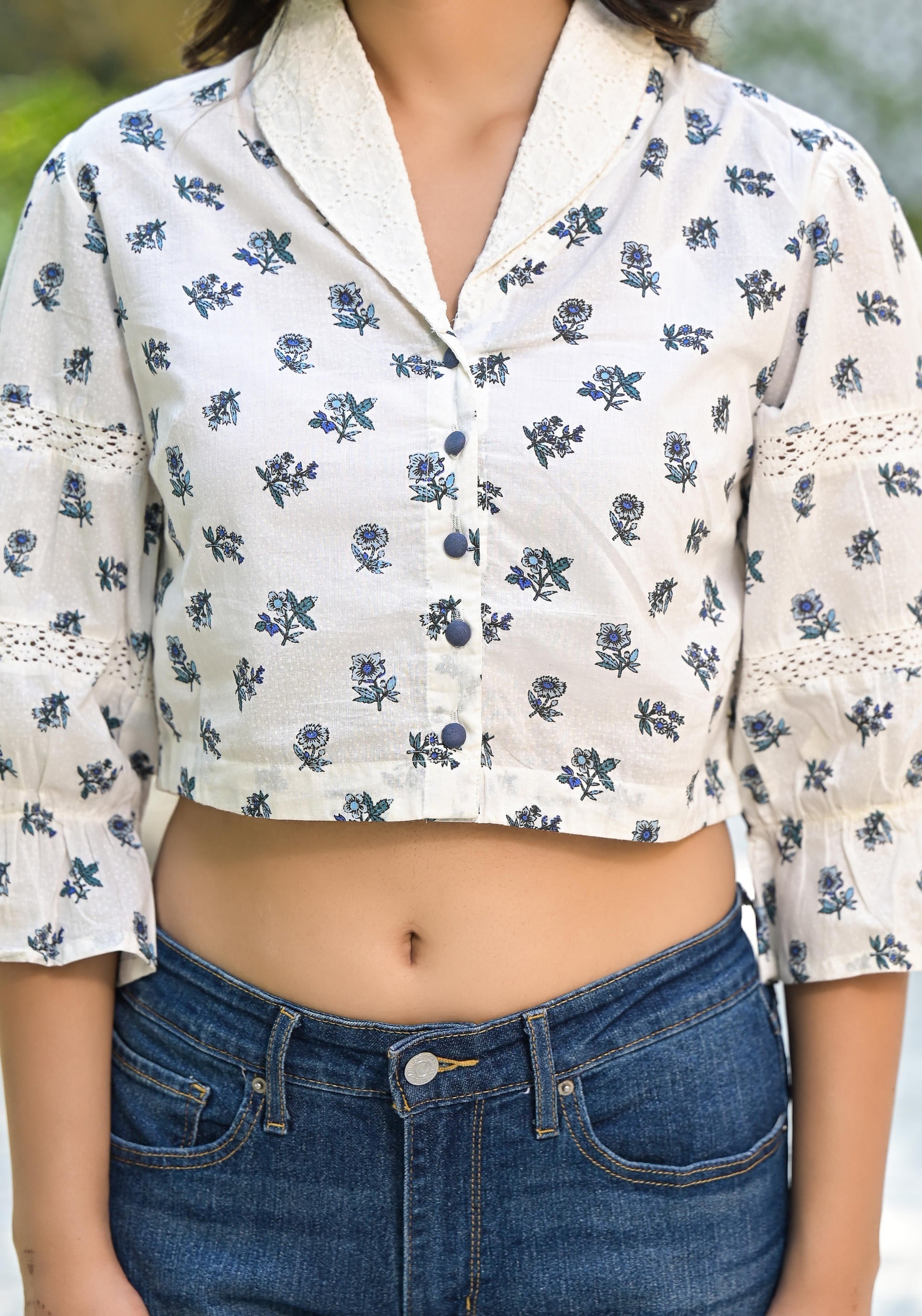 White Floral Printed Cotton Top With Button Closure | DesiQlo