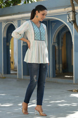 Women Ivory Rayon Staple Striped Printed Peplum Tunic.