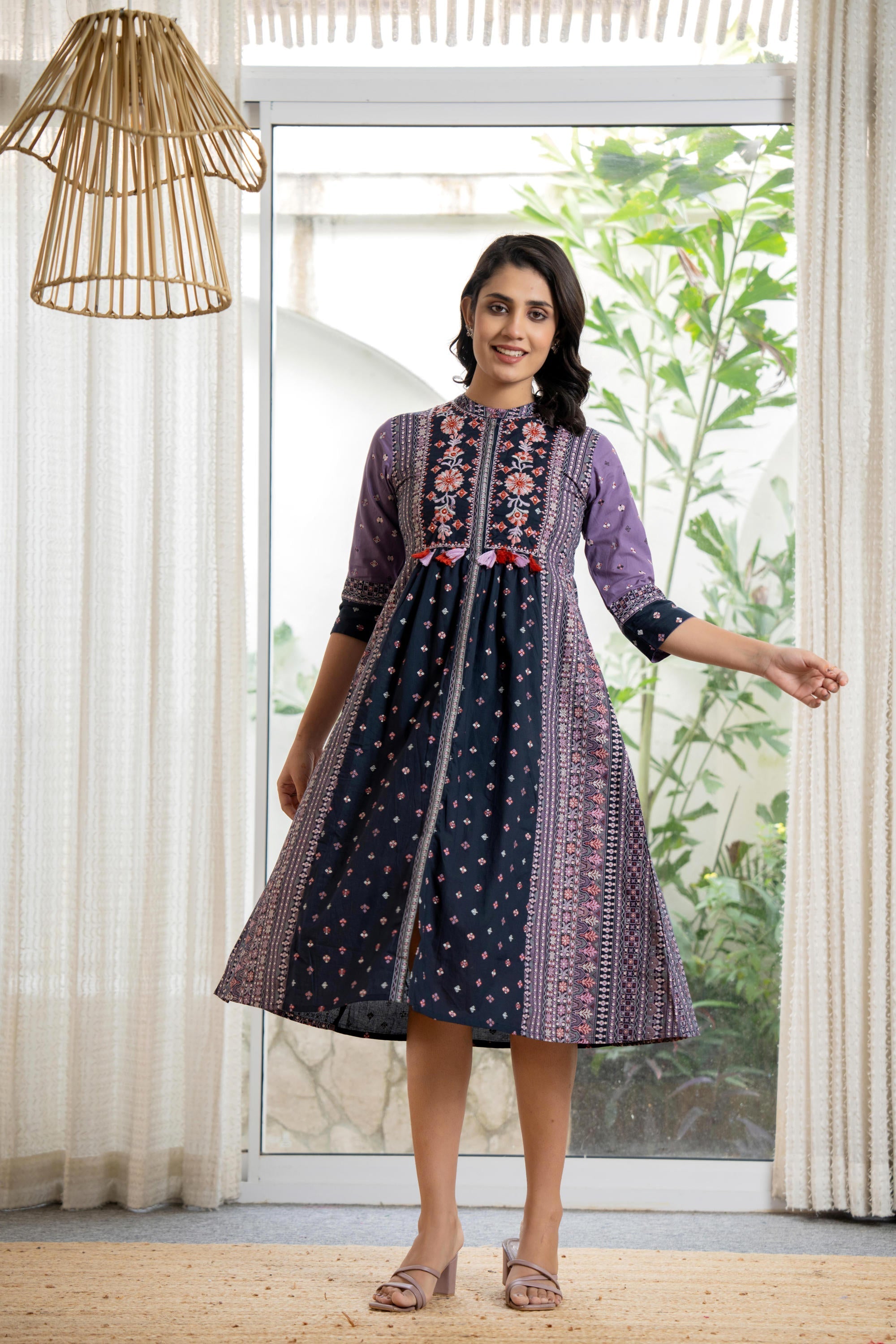 Lavender Floral Printed Cotton Dress With Thread Work & Tassels | Desi
