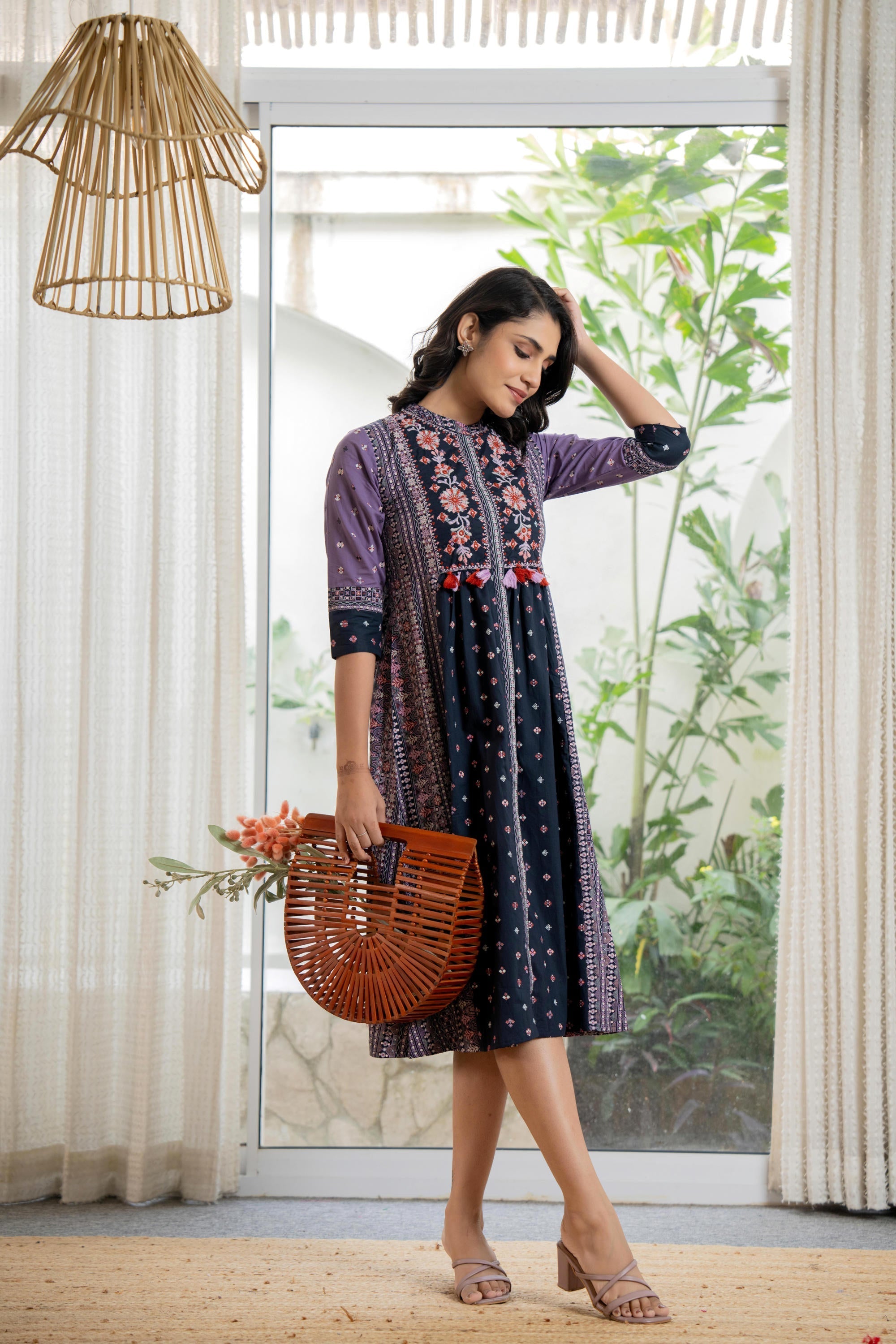 Lavender Floral Printed Cotton Dress With Thread Work & Tassels | Desi