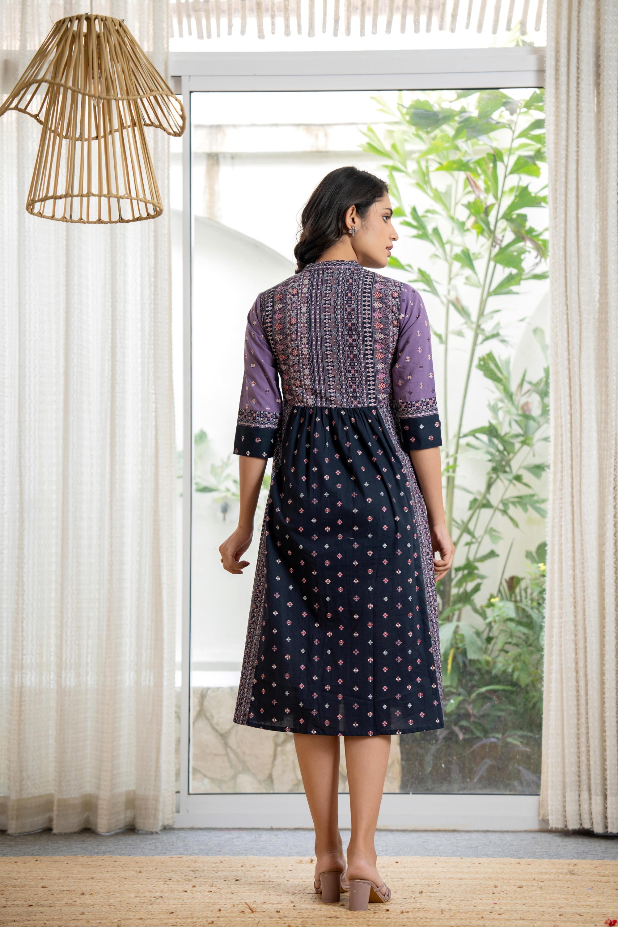 Lavender Floral Printed Cotton Dress With Thread Work & Tassels | Desi