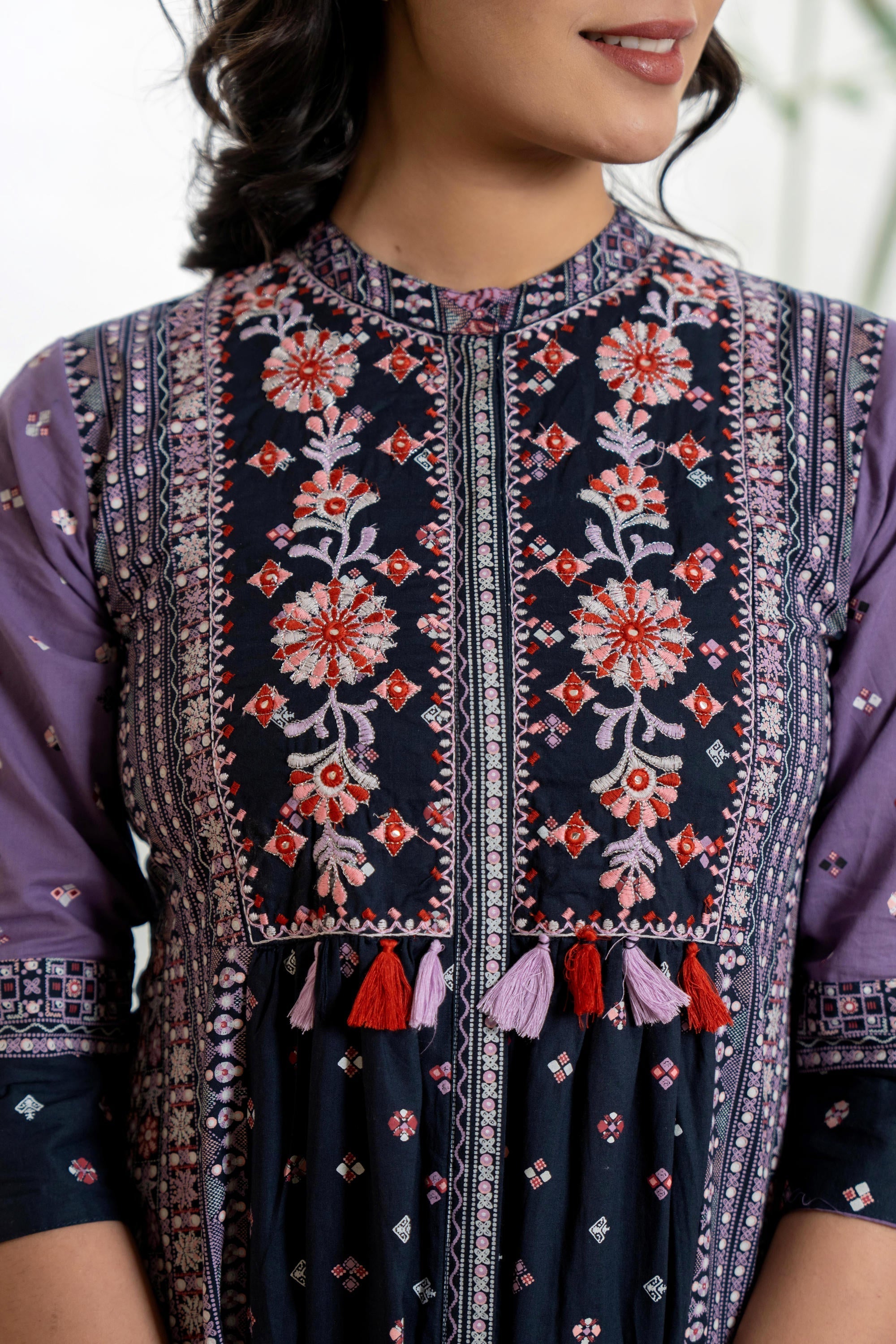 Lavender Floral Printed Cotton Dress With Thread Work & Tassels | Desi