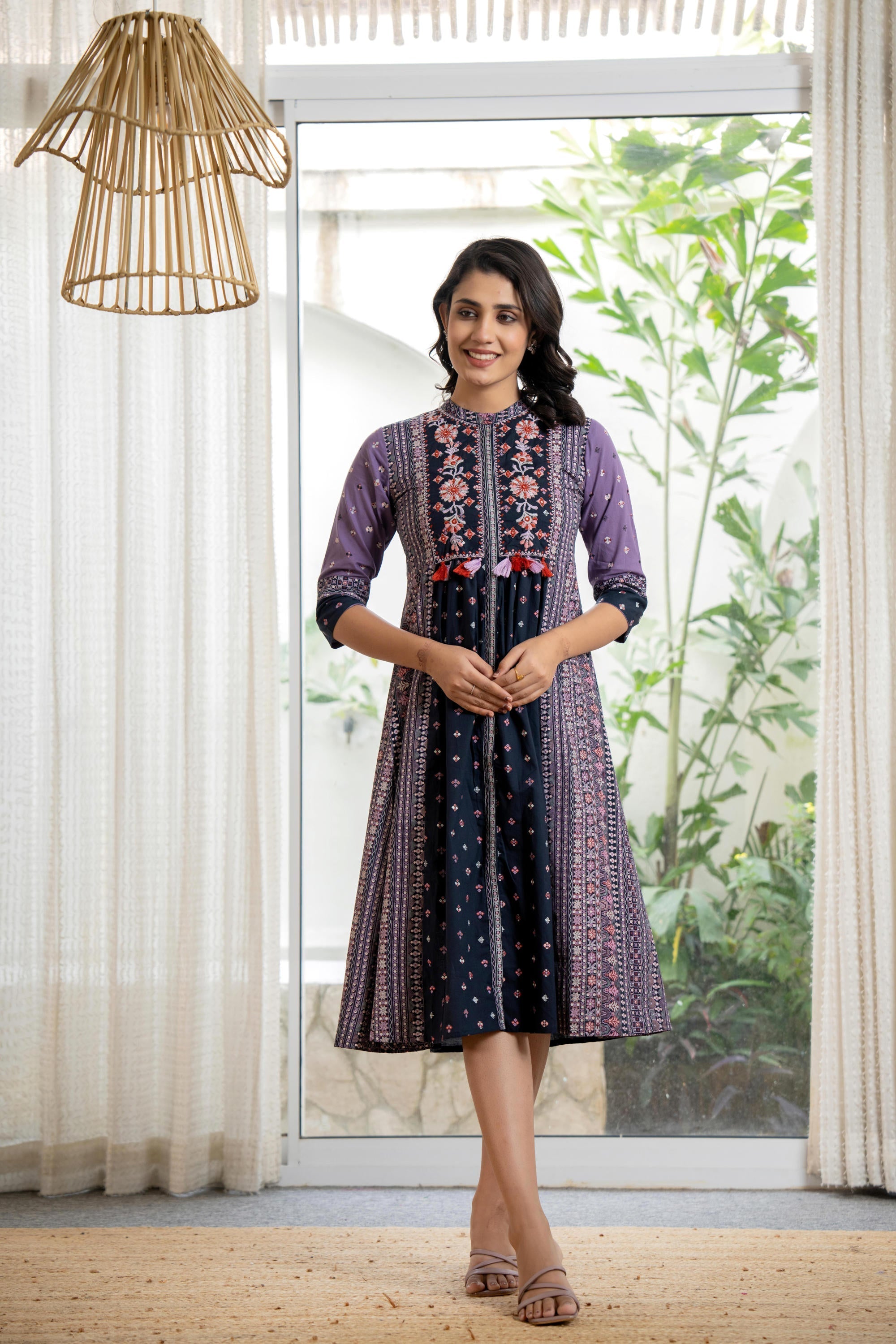 Lavender Floral Printed Cotton Dress With Thread Work & Tassels | Desi