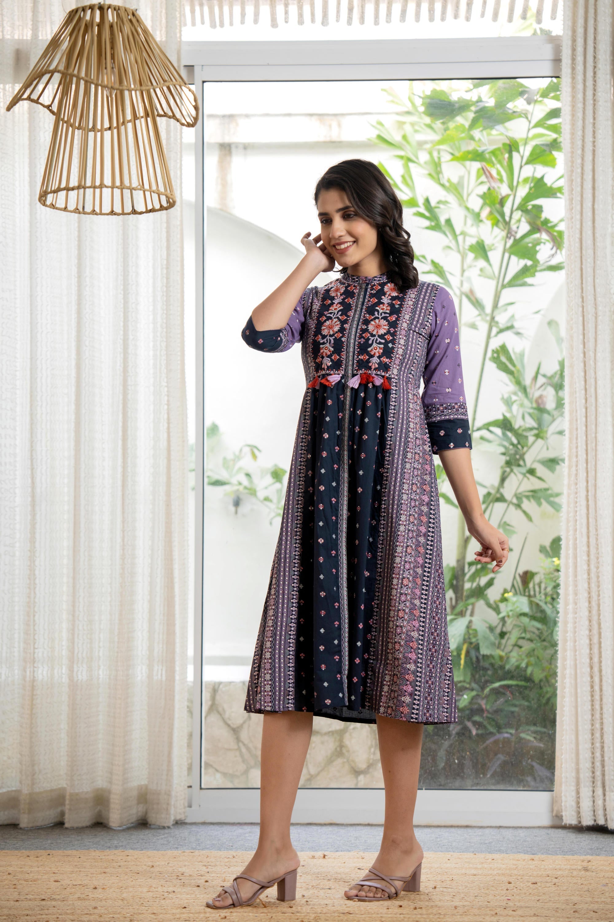 Lavender Floral Printed Cotton Dress With Thread Work & Tassels | Desi