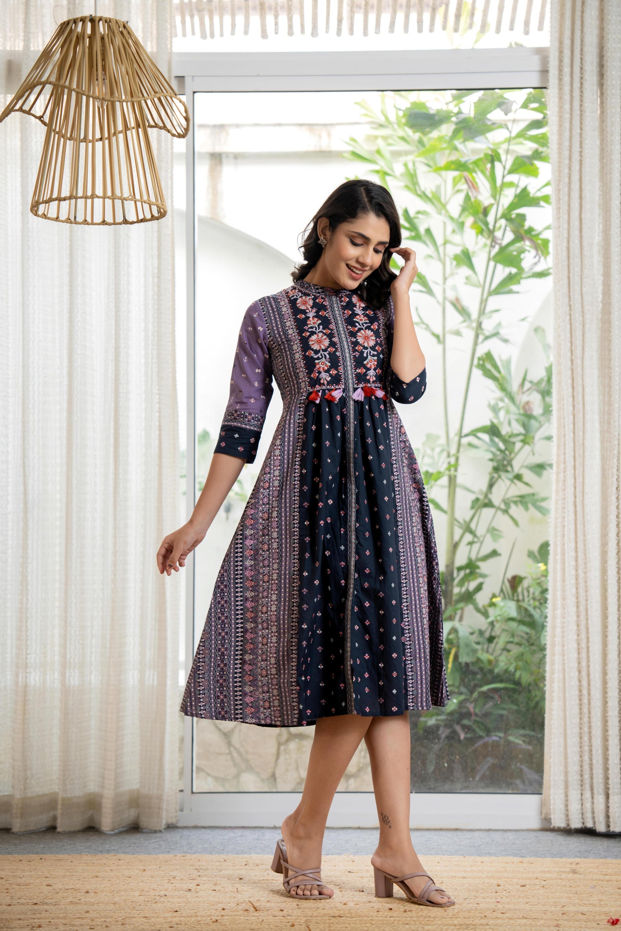 Lavender Floral Printed Cotton Dress With Thread Work & Tassels | Desi