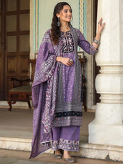 Womens lavender cambric geometric printed mix and match kurta palazzo and dupatta set