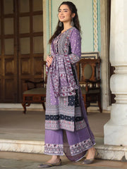 Womens lavender cambric geometric printed mix and match kurta palazzo and dupatta set