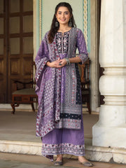 Womens lavender cambric geometric printed mix and match kurta palazzo and dupatta set