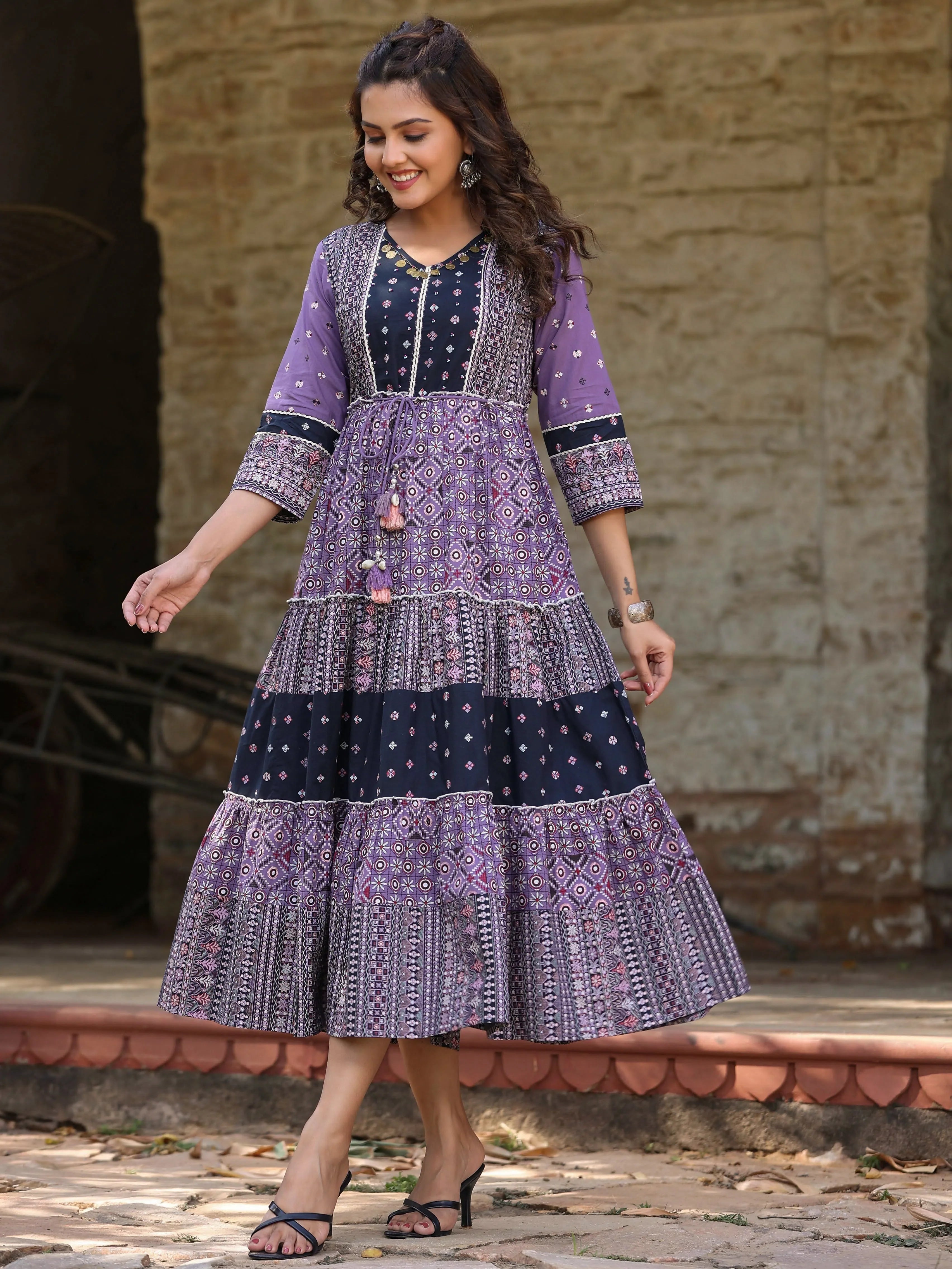 Lavender Printed Tiered Dress - Shop Indian Dresses Online!