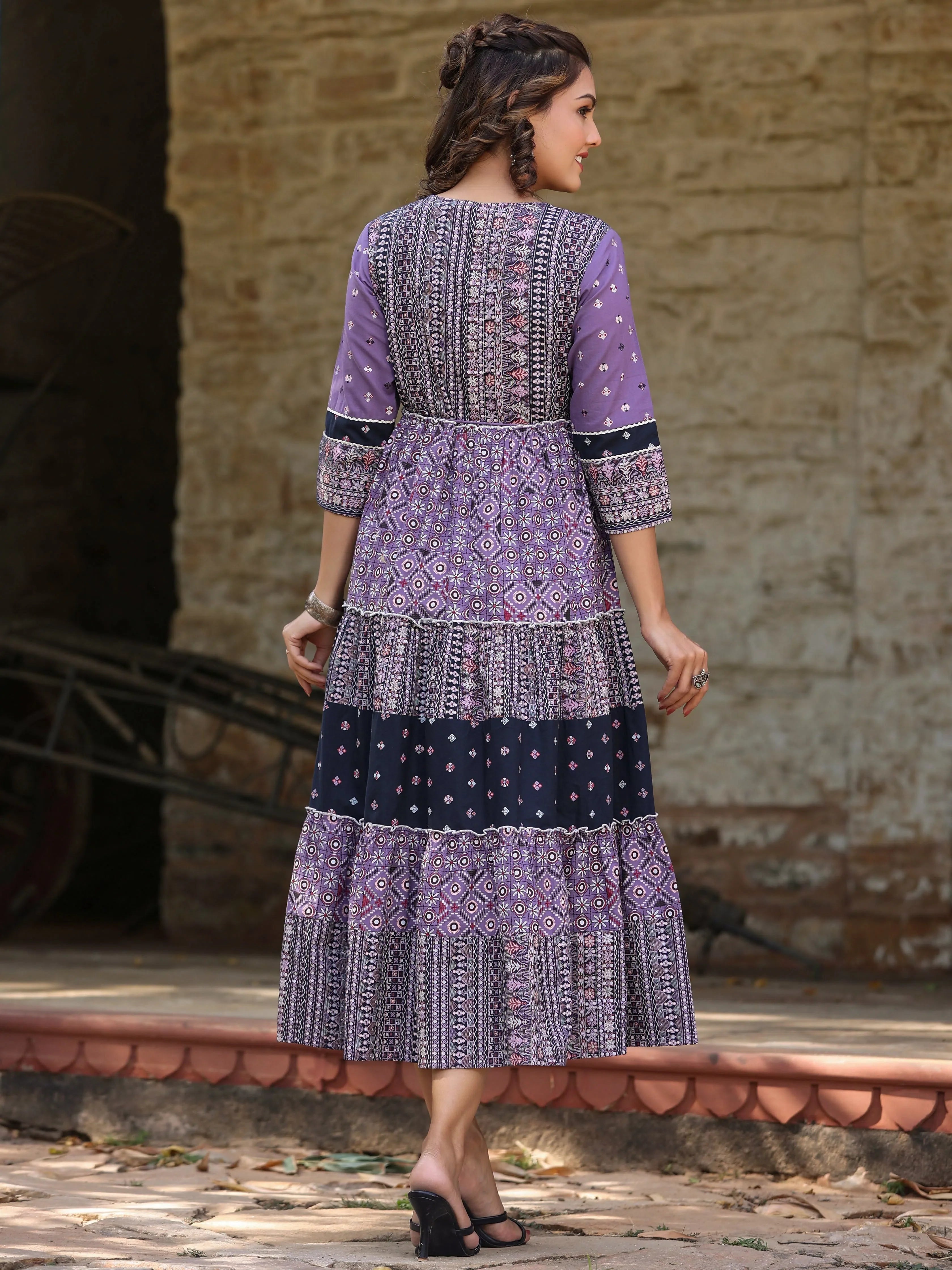 Lavender Printed Tiered Dress - Shop Indian Dresses Online!