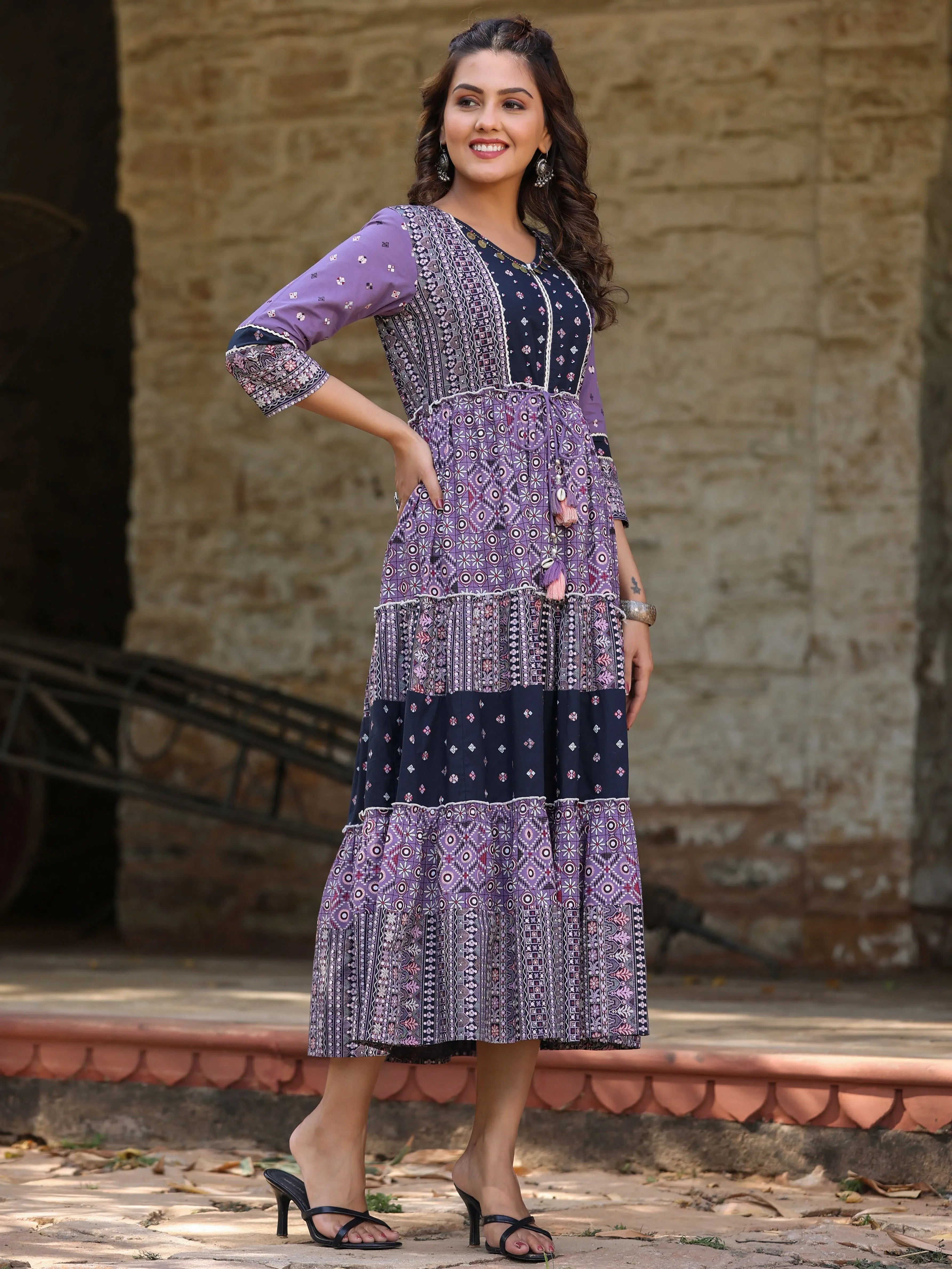 Lavender Printed Tiered Dress - Shop Indian Dresses Online!