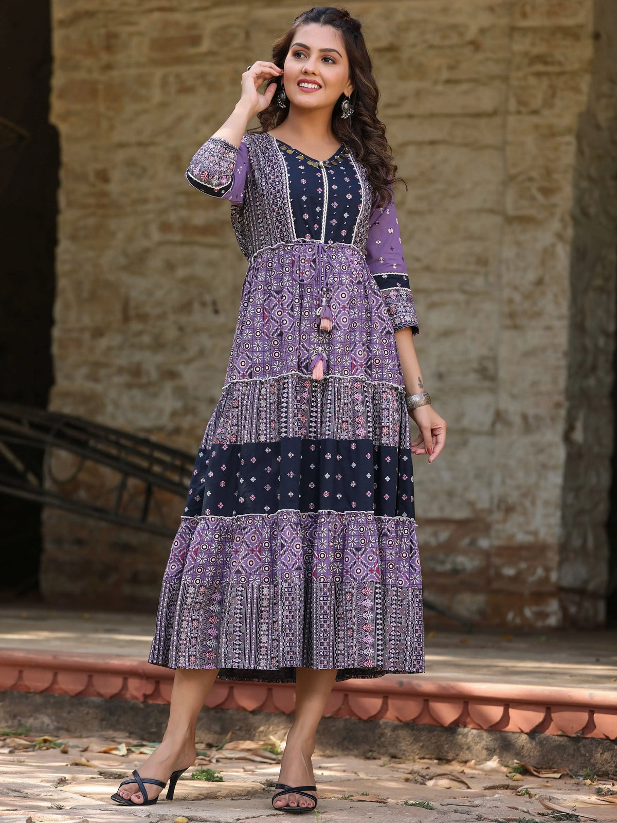 Women'S Lavender Printed Tiered Dress
