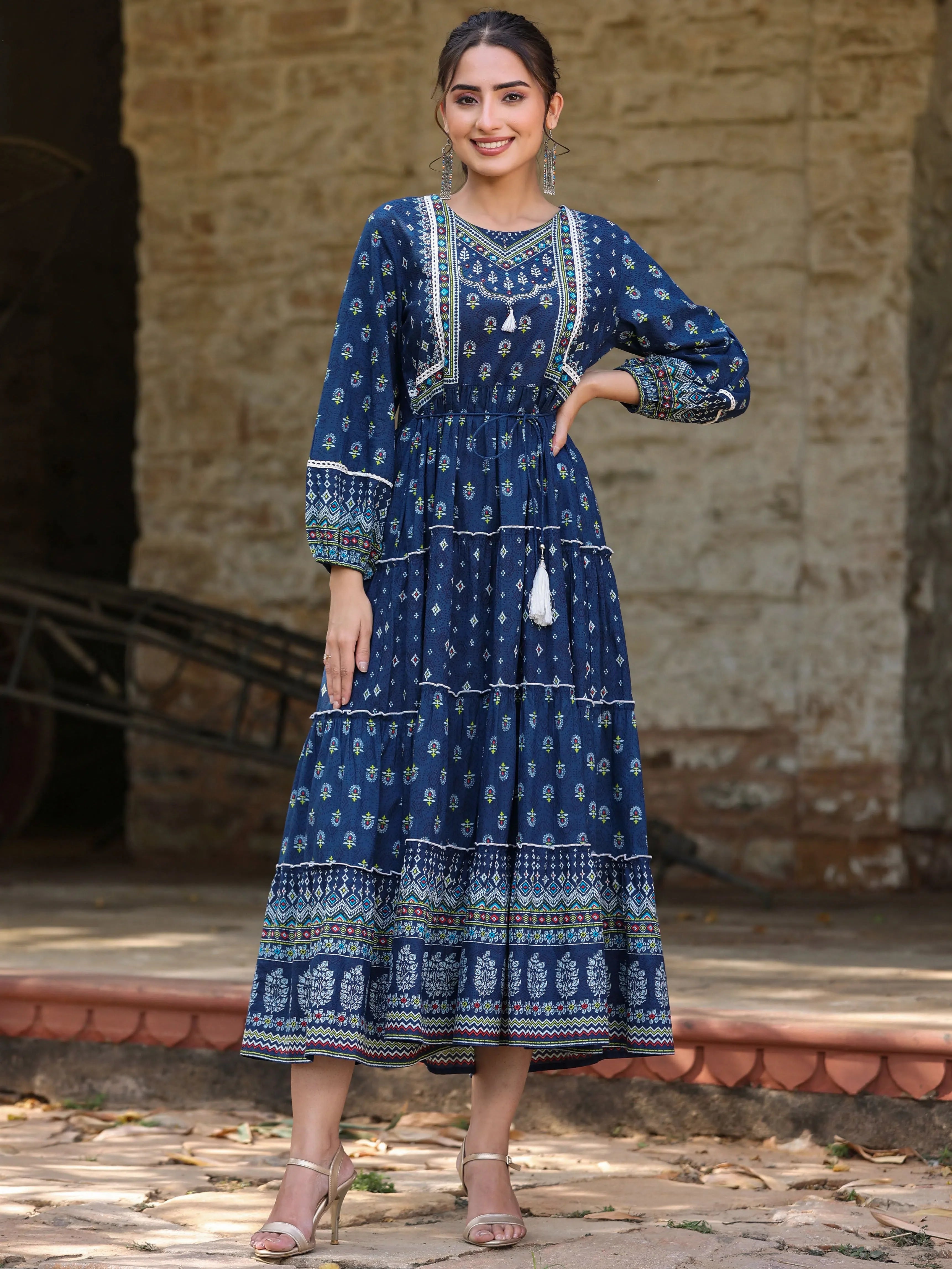 Navy Printed Tiered Dress - Women's Western Wear Online Now Navy Printed Tiered Dress - Women's Western Wear Online Now
