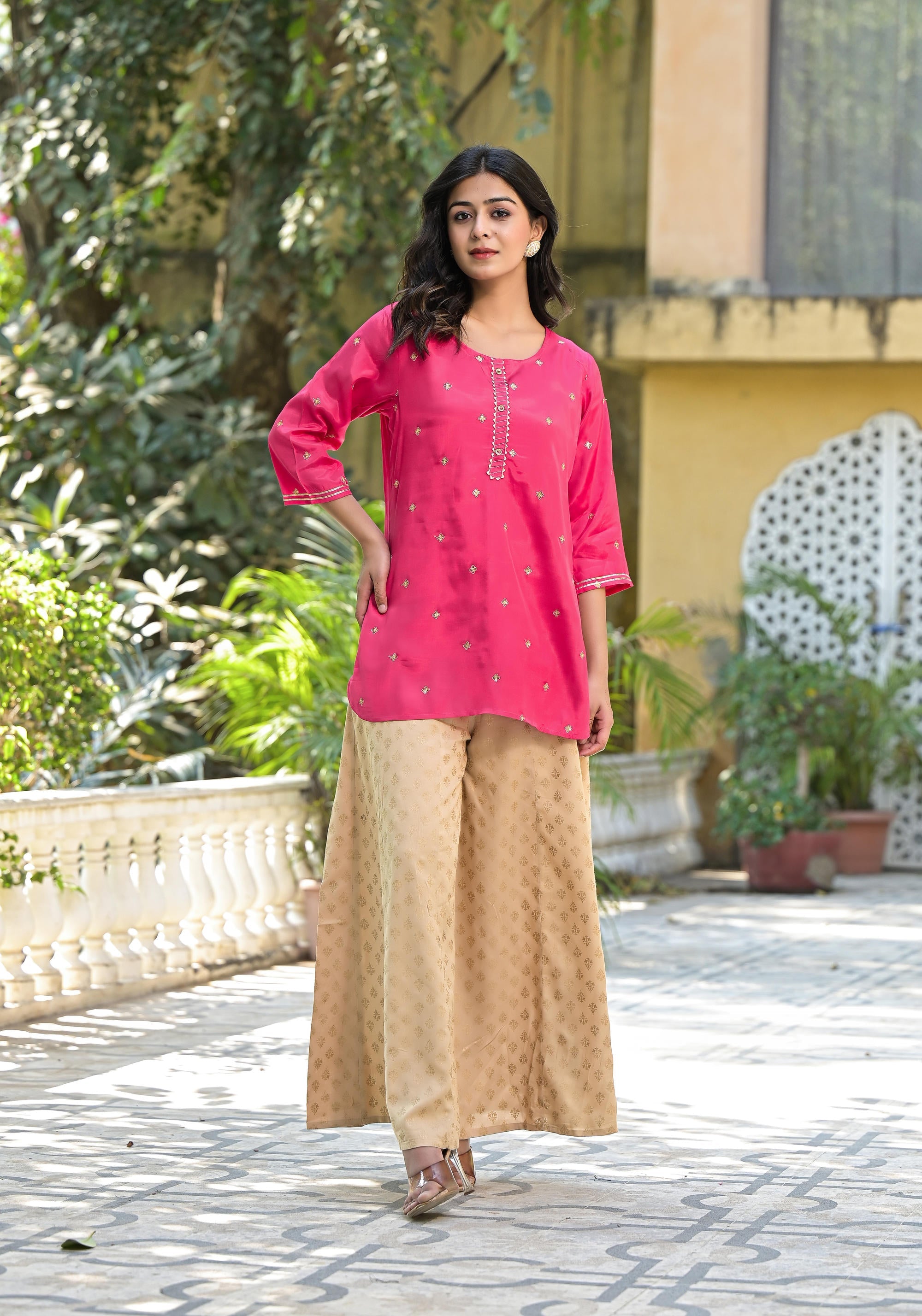 Fuchsia Solid Shantoon Tunic With Sequins & Zari Work | DesiQlo