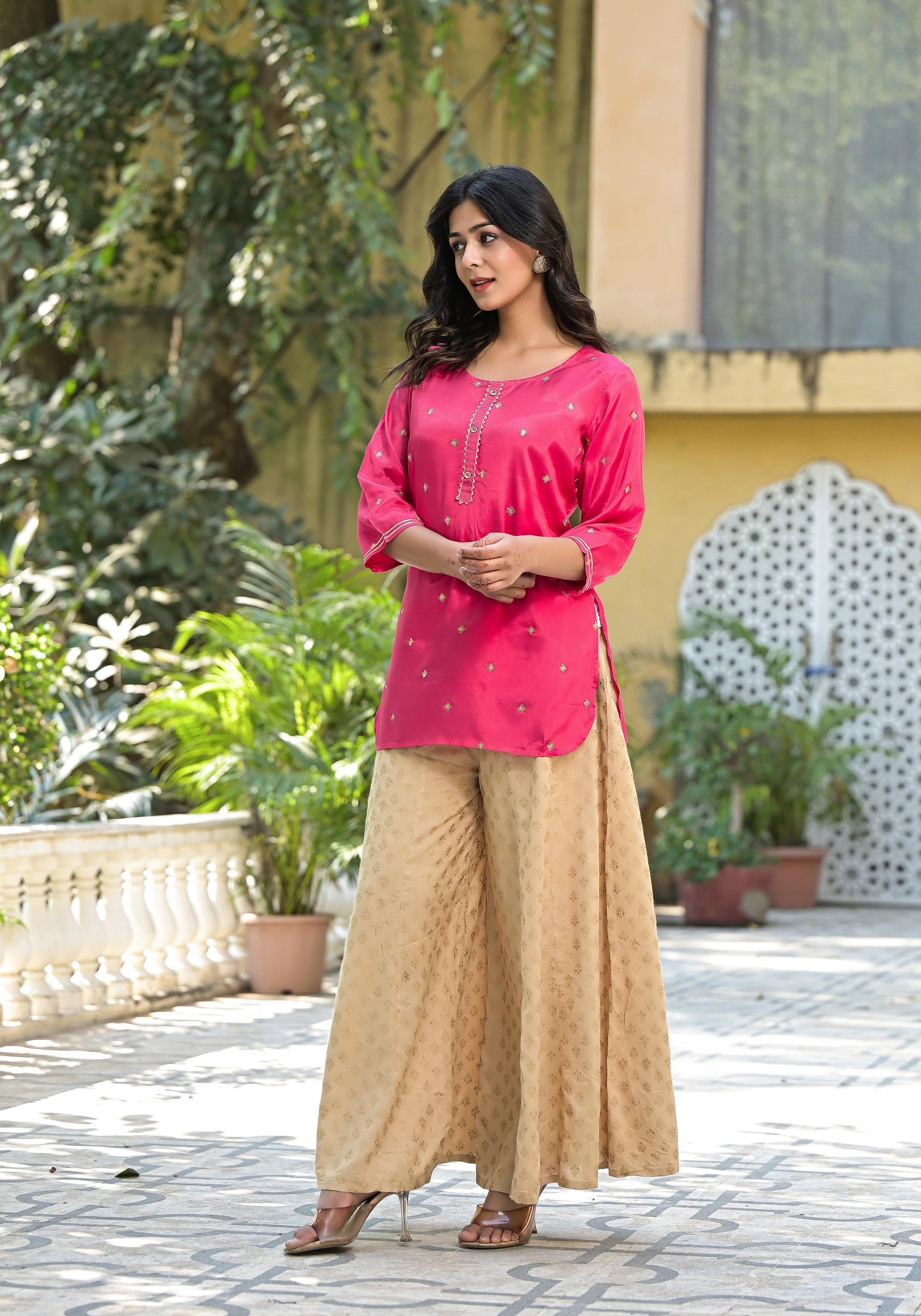 Fuchsia Solid Shantoon Tunic With Sequins & Zari Work | DesiQlo