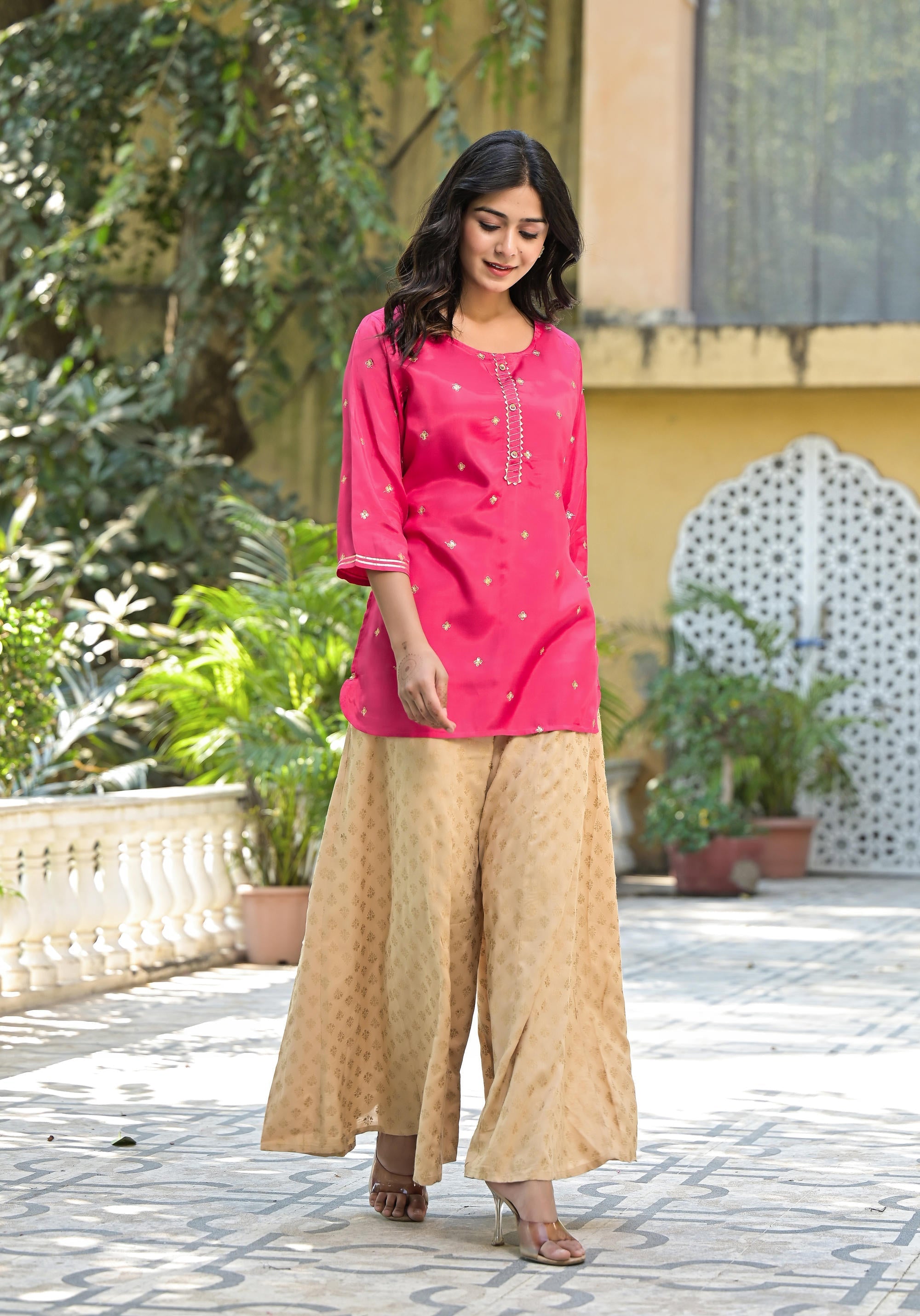 Fuchsia Solid Shantoon Tunic With Sequins & Zari Work | DesiQlo