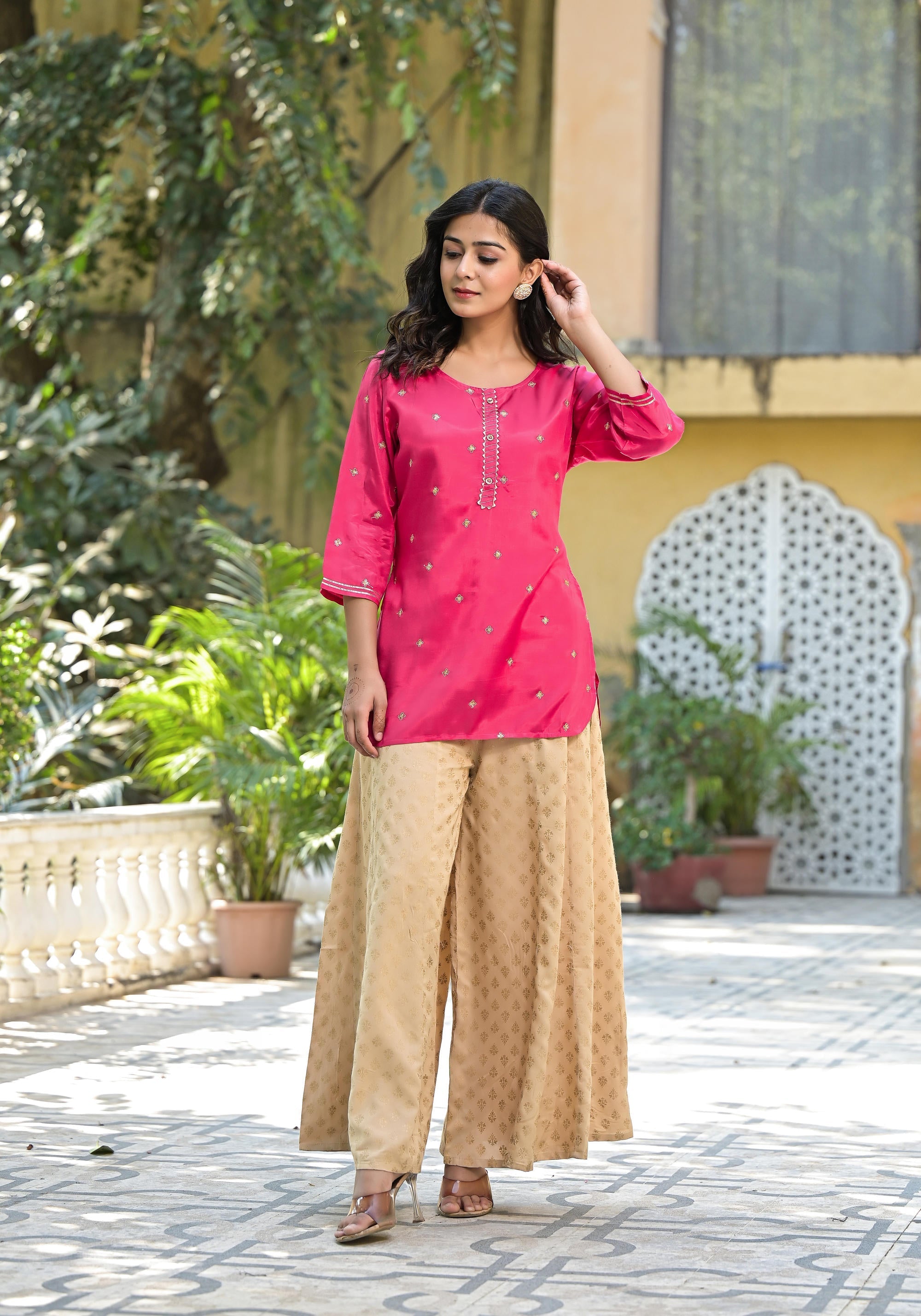 Fuchsia Solid Shantoon Tunic With Sequins & Zari Work | DesiQlo