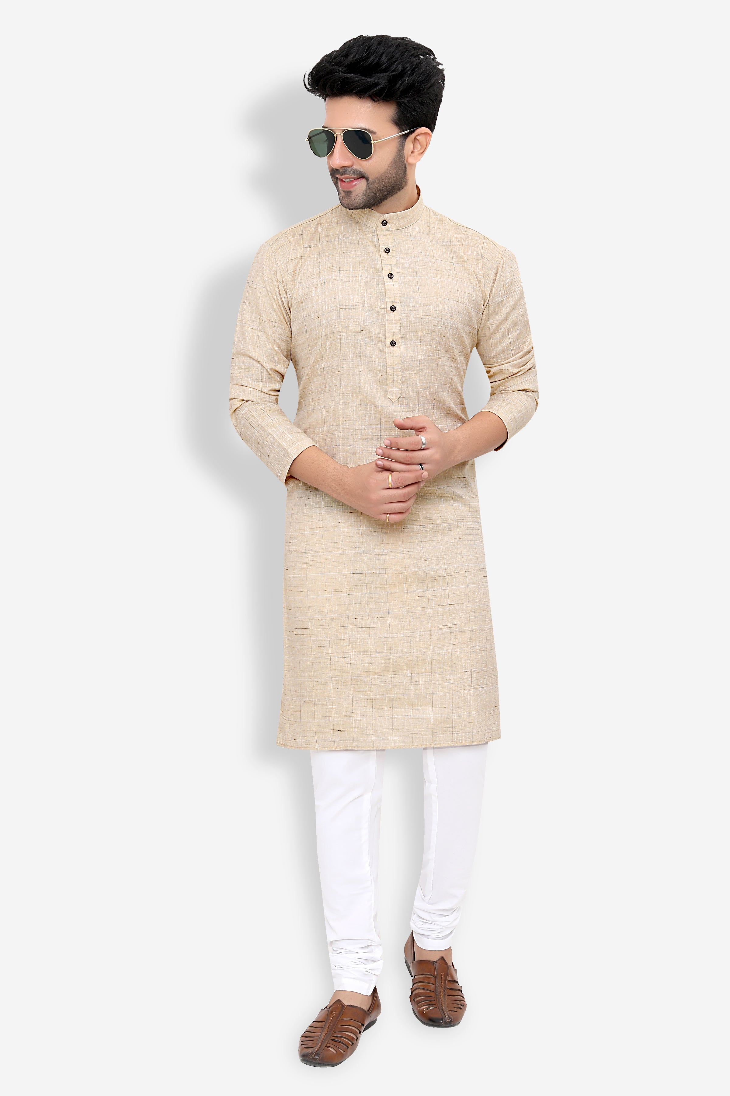 Cotton Kurta Pyjama Set for Men - Beige | KPSGKHBE42 | DesiQlo