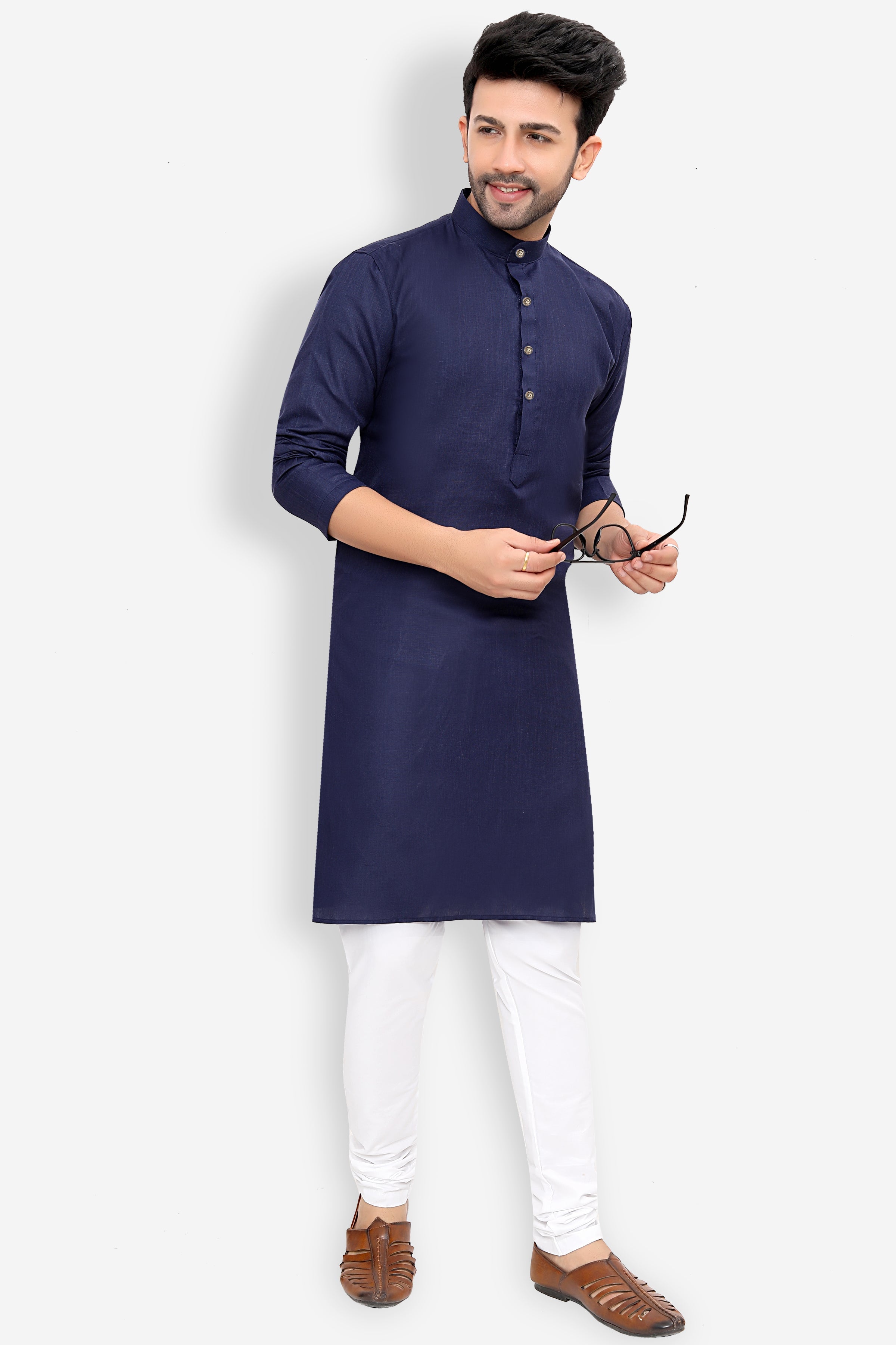 Cotton Kurta Pyjama Set for Men - Navy Blue | KPSGSNAV36 | DesiQlo