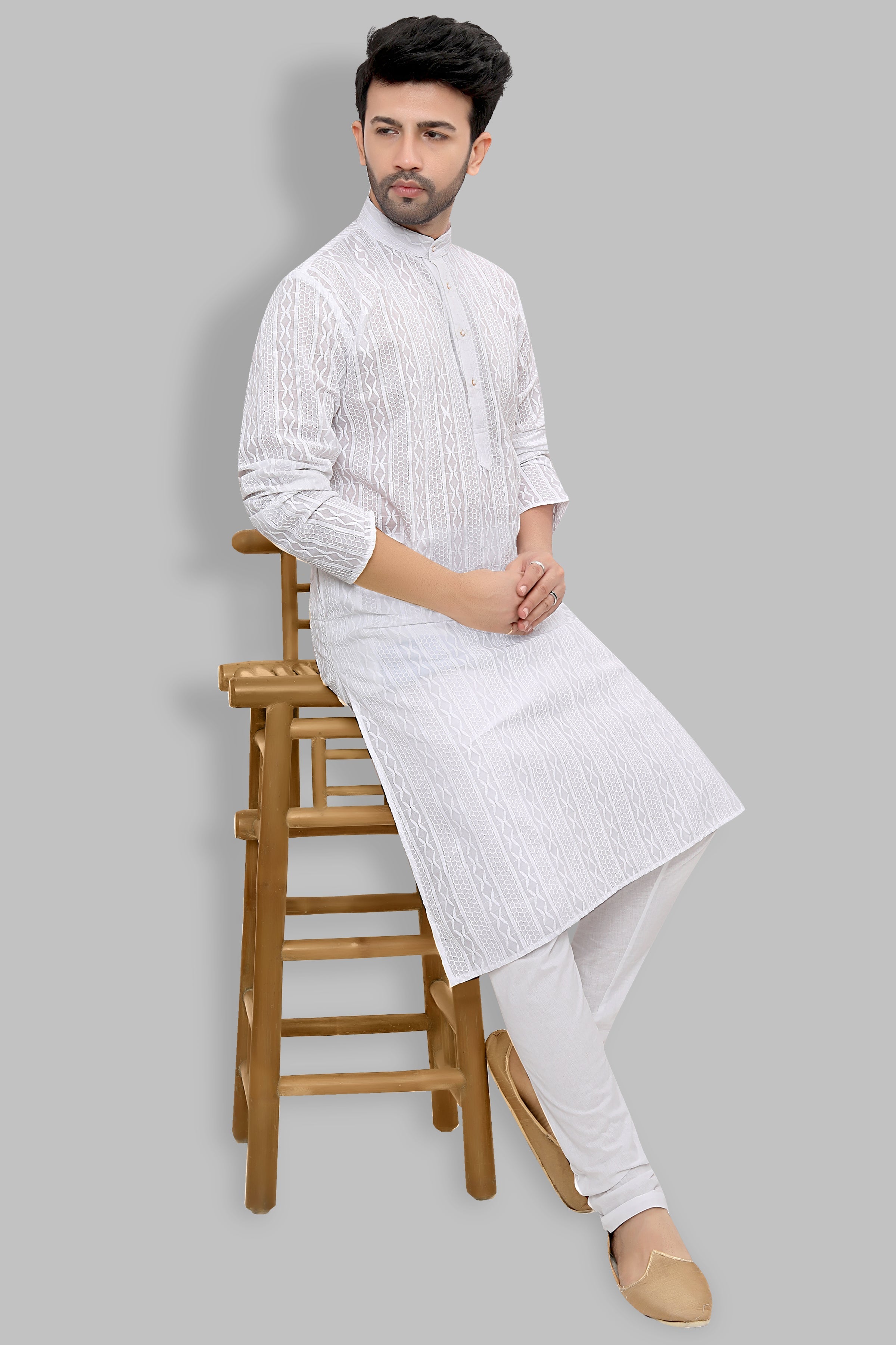 Cotton Kurta Pyjama Set for Men - White | KPRRCHD338 | DesiQlo
