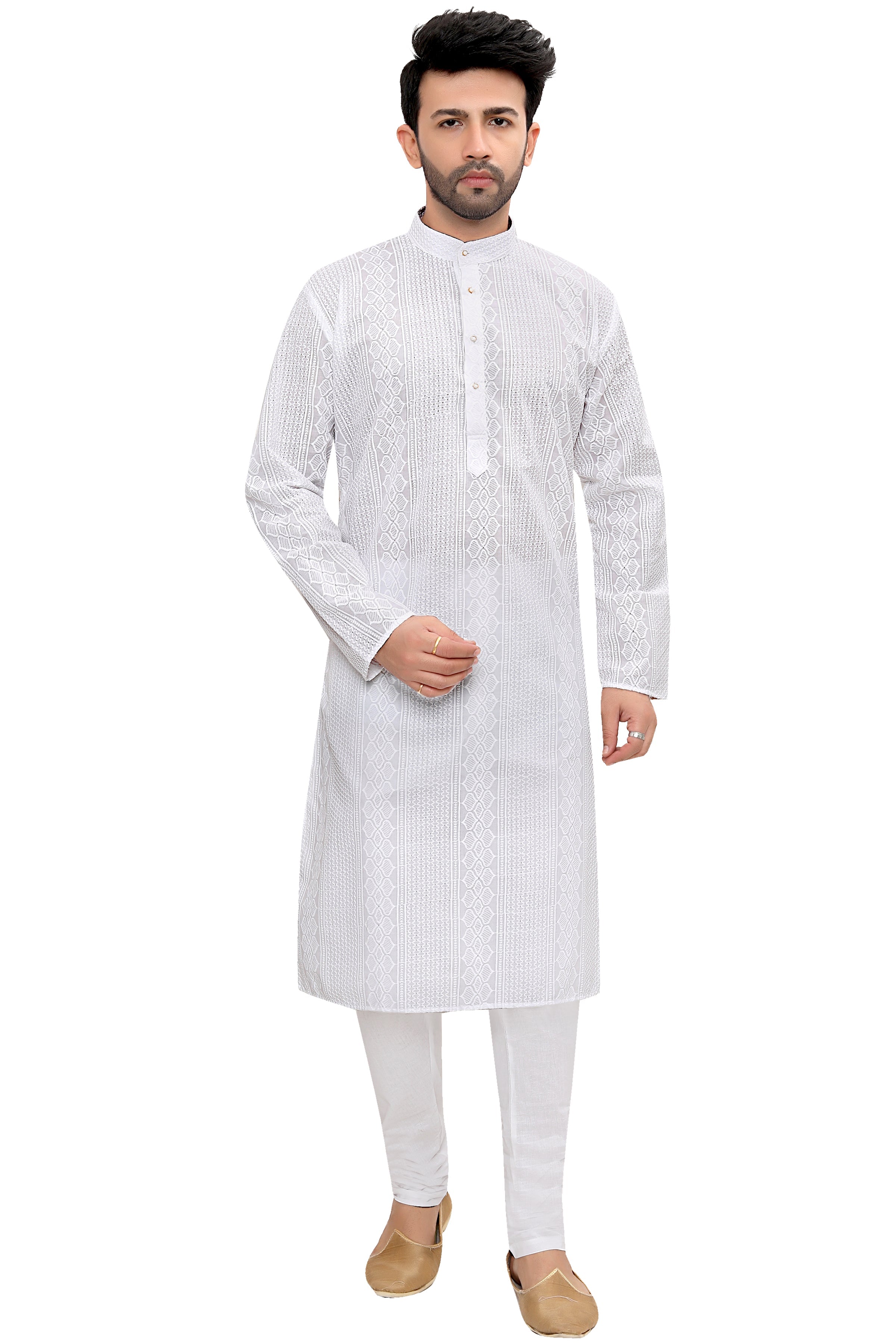 Cotton Kurta Pyjama Set for Men - White | KPRRCHD338 | DesiQlo