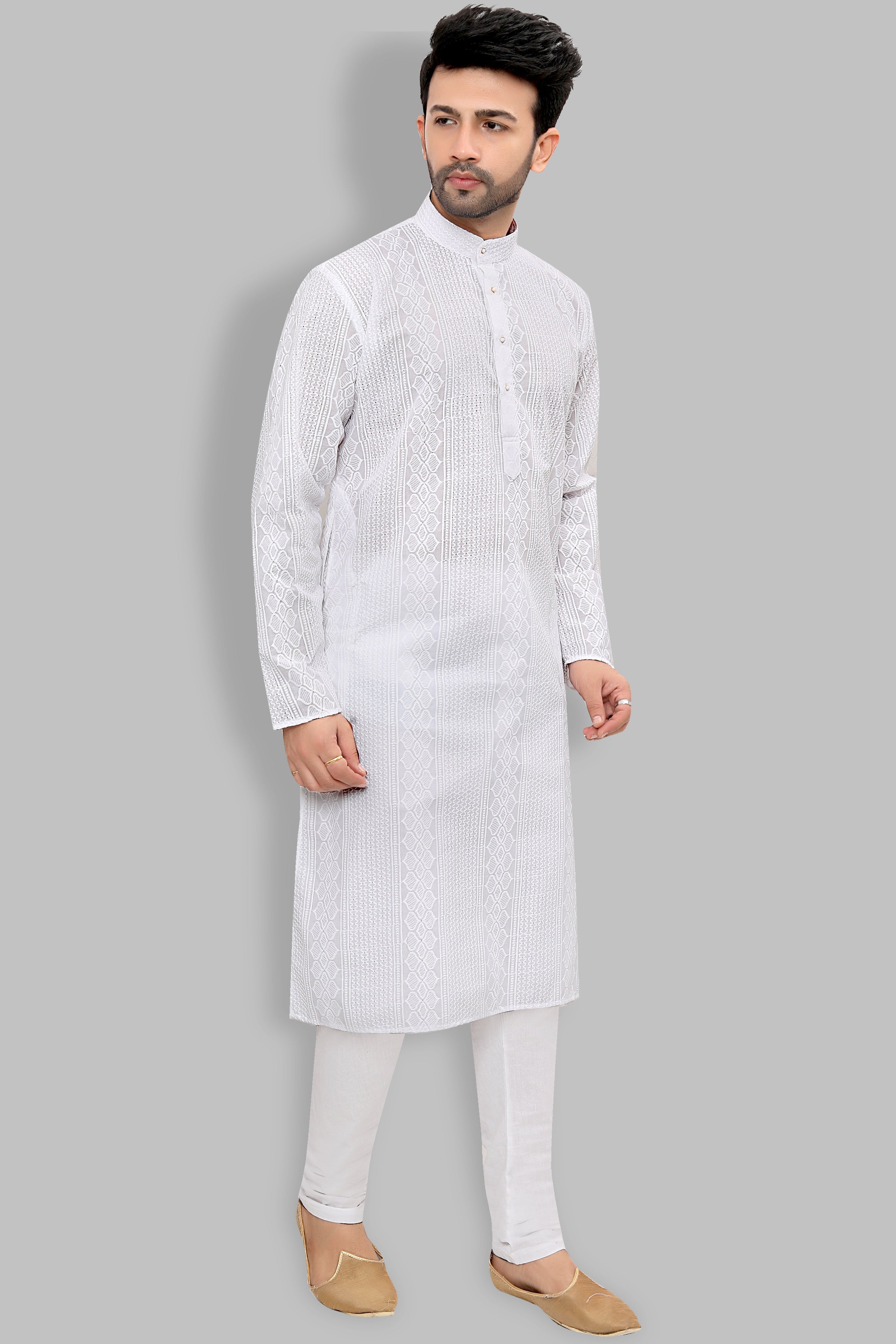 Cotton Kurta Pyjama Set for Men - White | KPRRCHD338 | DesiQlo