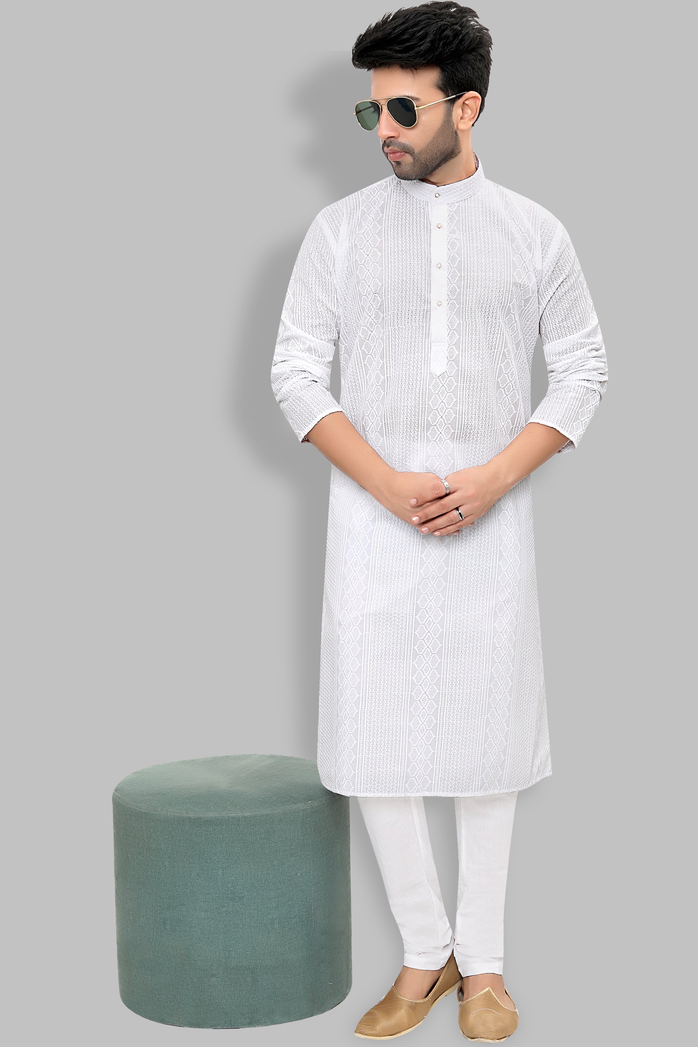 Cotton Kurta Pyjama Set for Men - White | KPRRCHD338 | DesiQlo